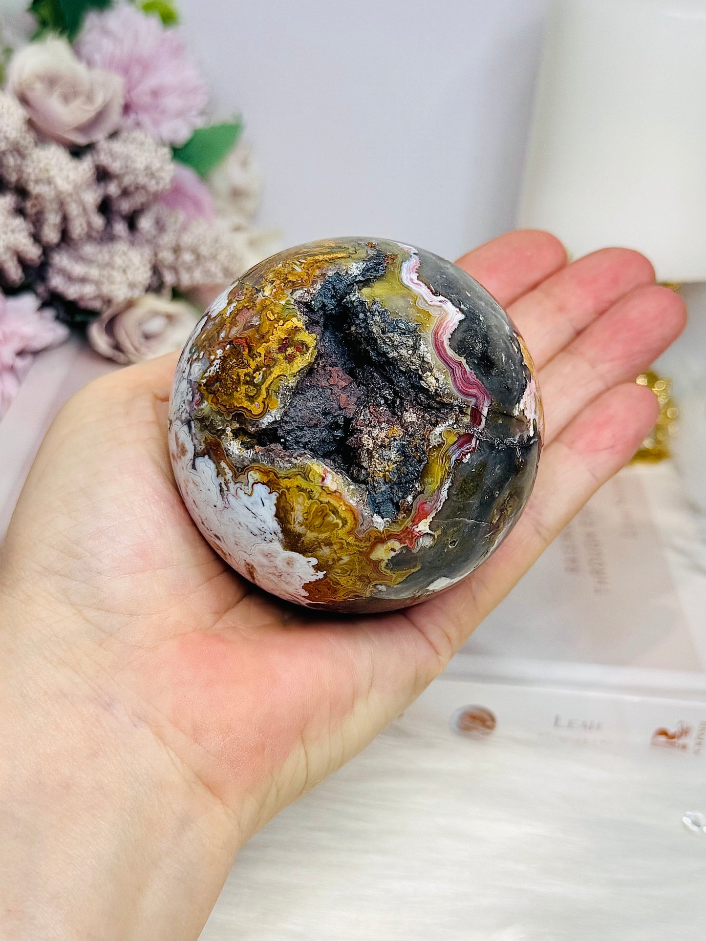 Large Mexican Crazy Lace Agate Druzy Sphere on Stand 449g