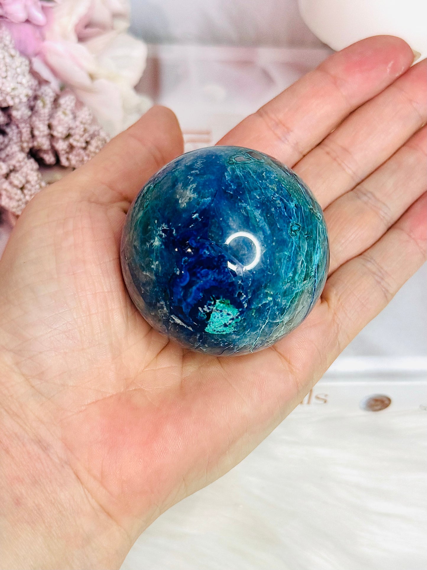 Stunning Natural High Grade Chrysocolla Carved Sphere on Stand 238grams