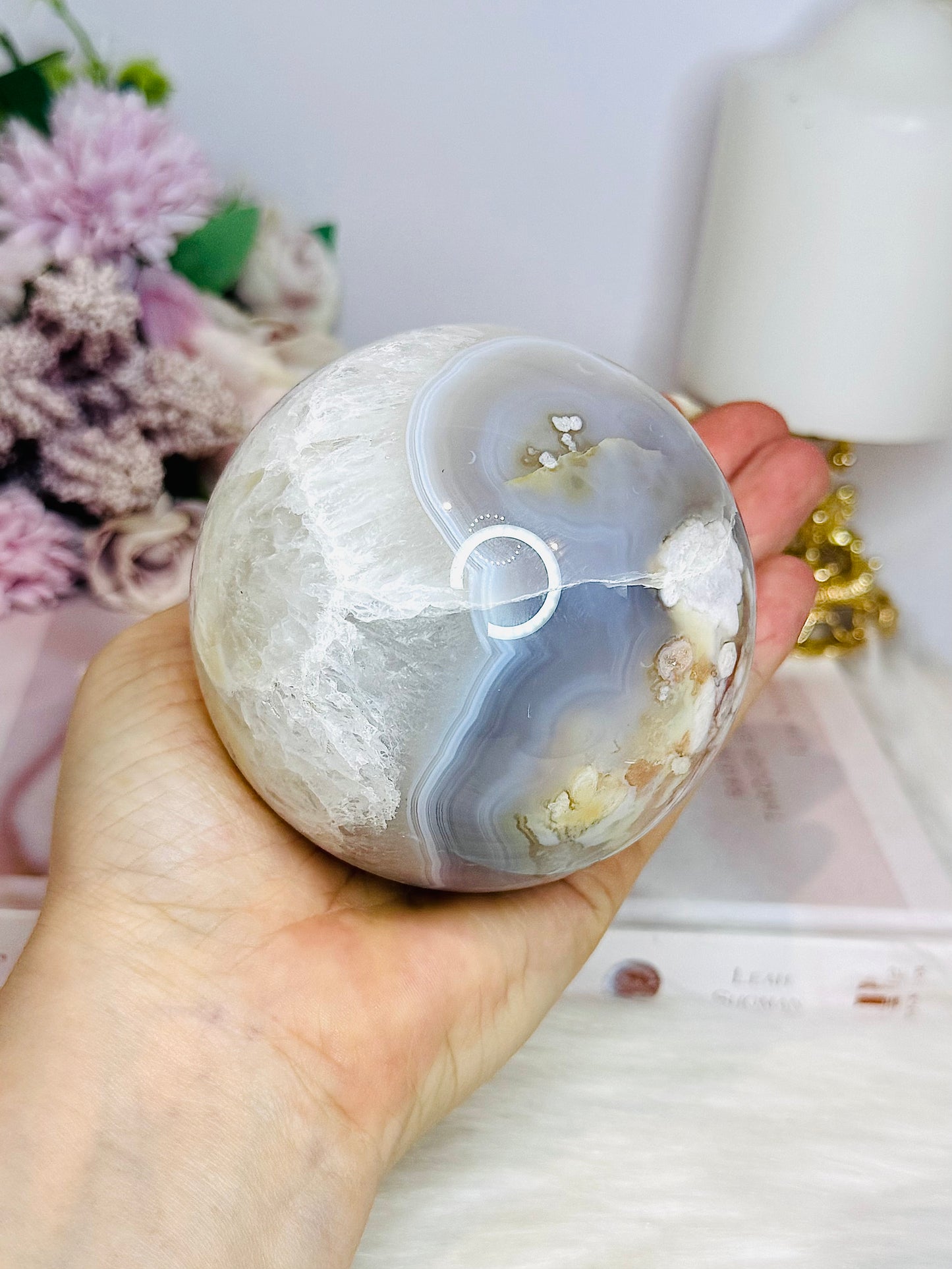 Large Flower Agate Sphere On Stand 848g