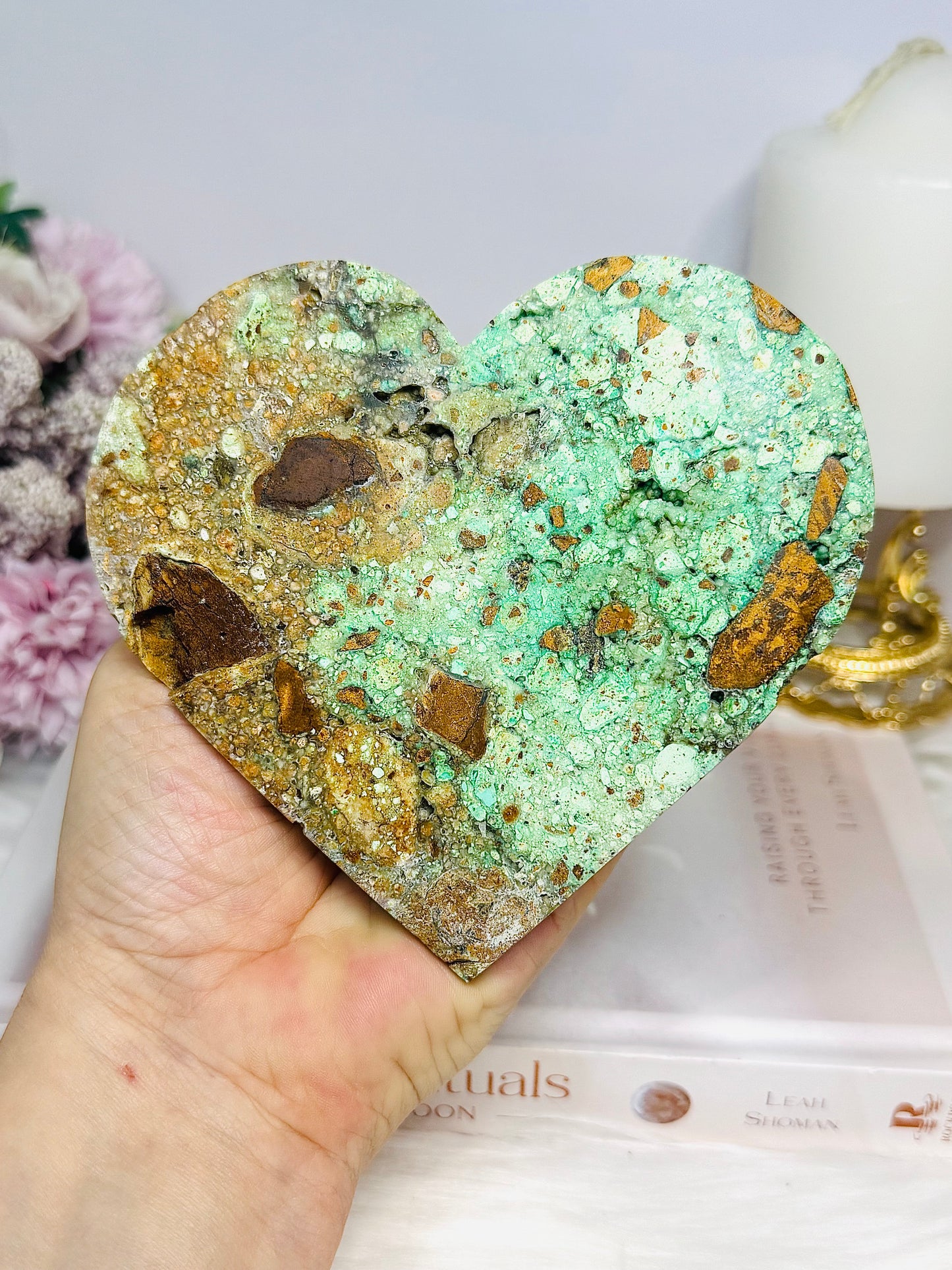 Large Natural Variscite Carved Heart on Stand 12cm