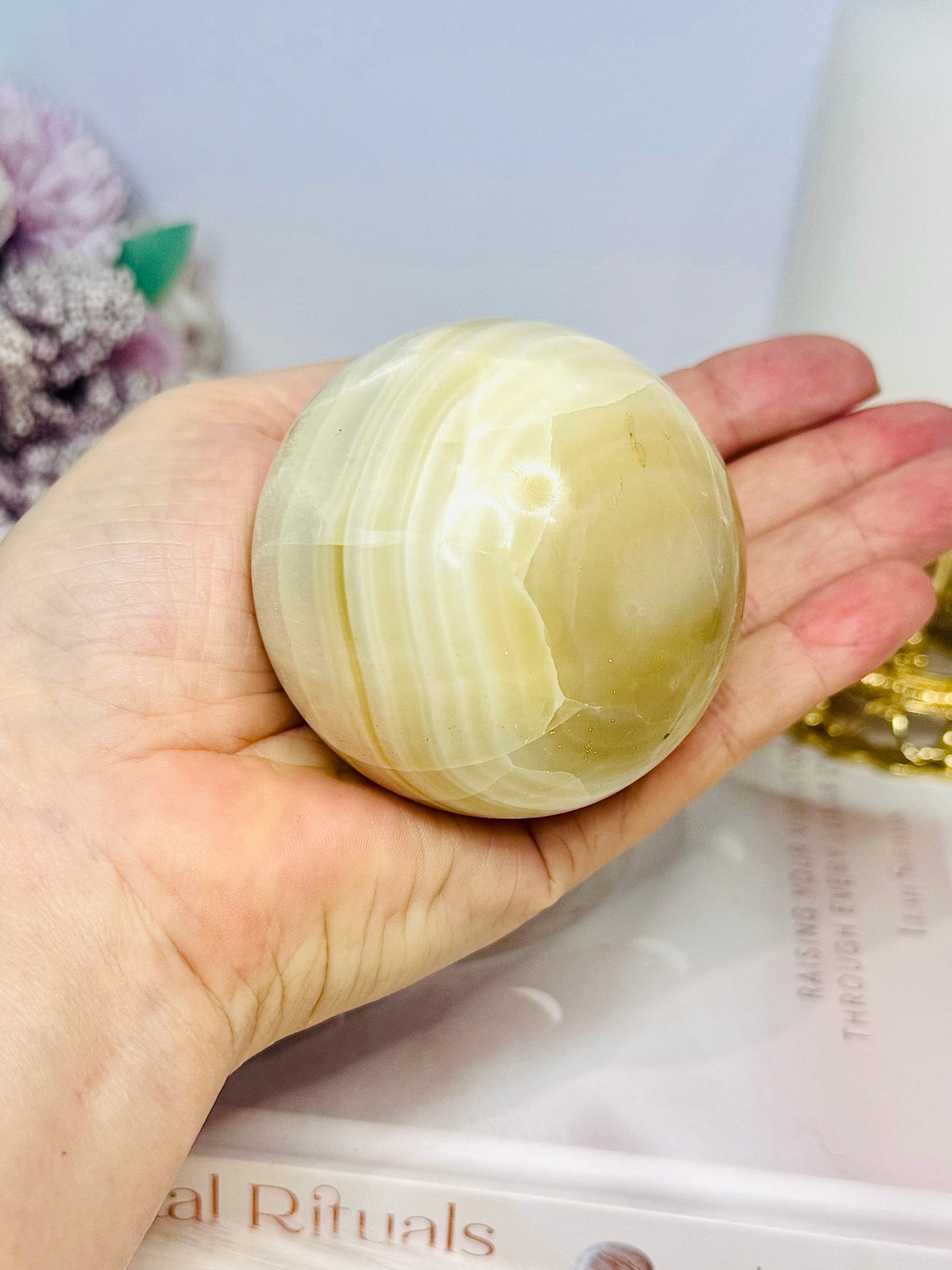 Large Banded Calcite Sphere on Stand 413g