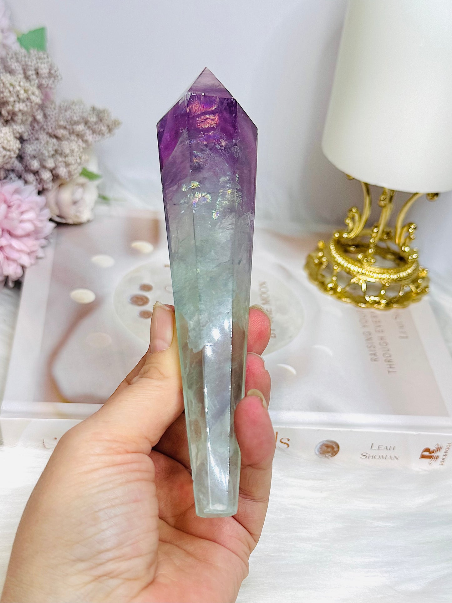 Watermelon Fluorite Tower | Wand with Rainbows 15.5cm