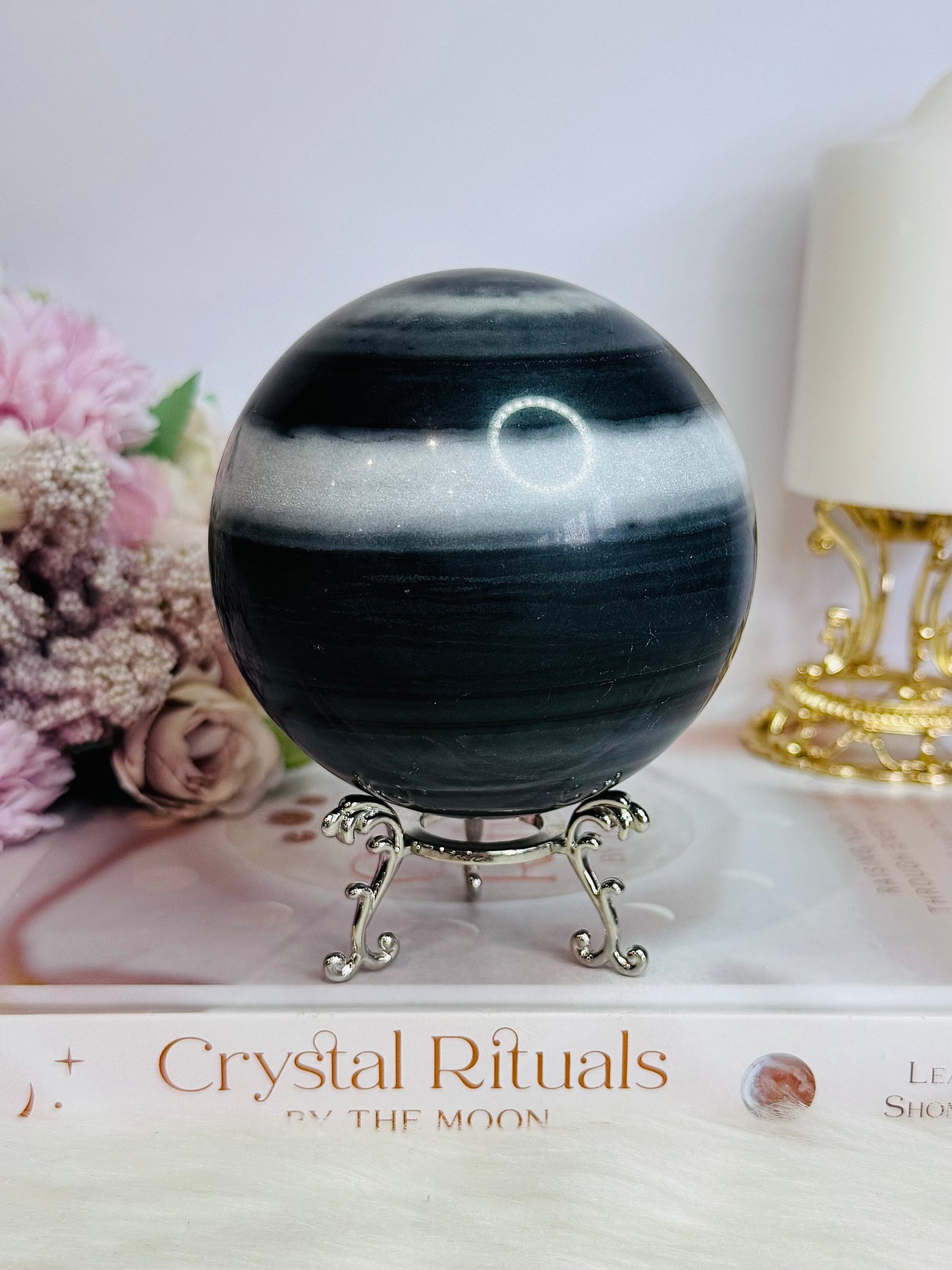 Natural Large Tai Chi Stone (White Quartz & Black Jasper) Sphere On Stand 895grams