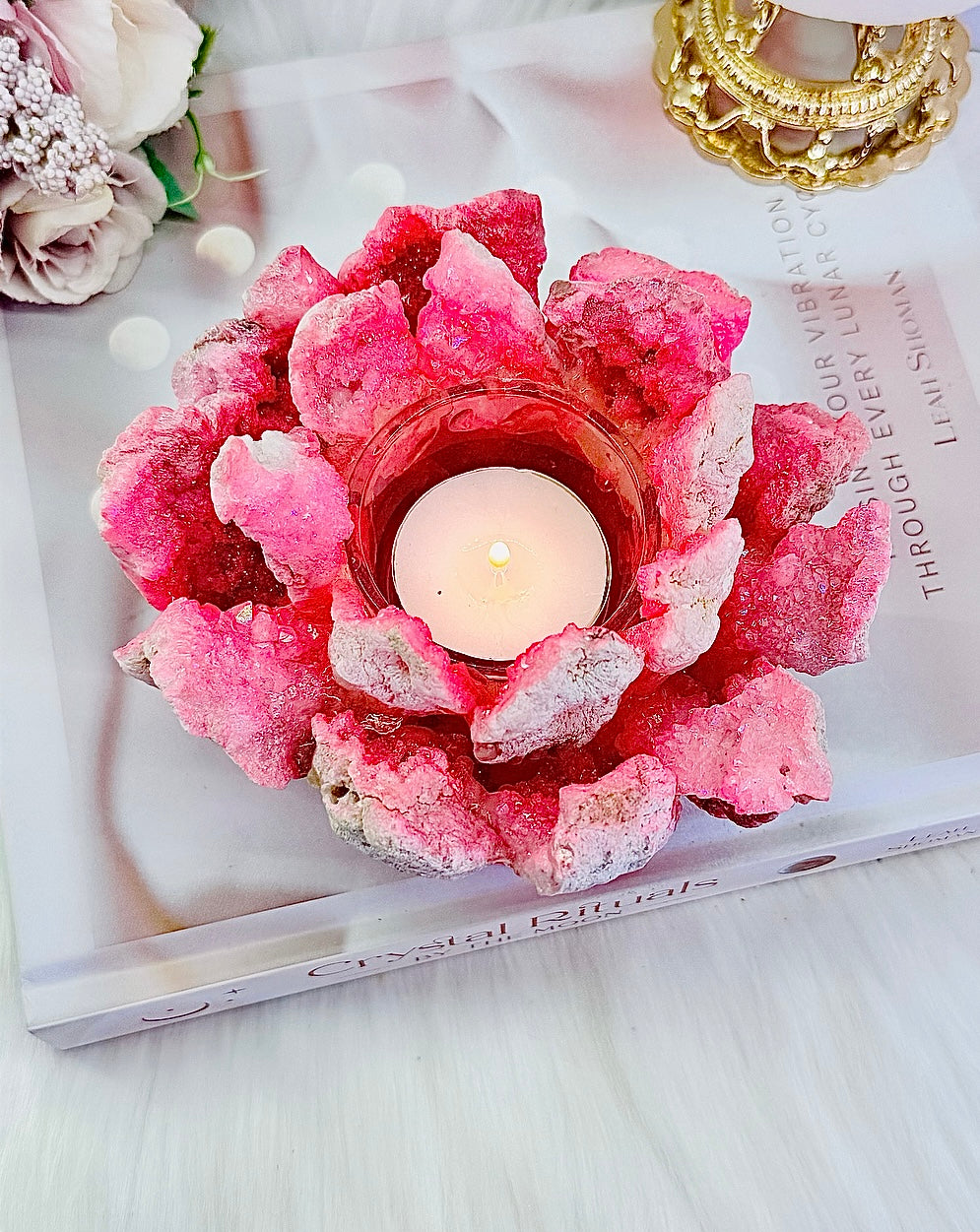 Gorgeous Large 719gram Bright Punk Pink (dyed) Quartz Candle Holder