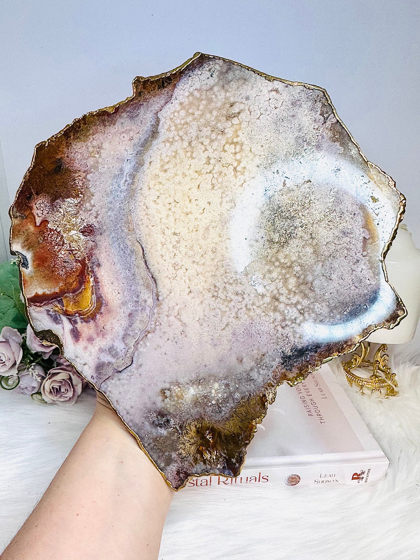 A Collectors Piece ~ High Grade Natural Pink Amethyst Druzy Slice | Slab with Gold Plating on Stand 24cm 689g