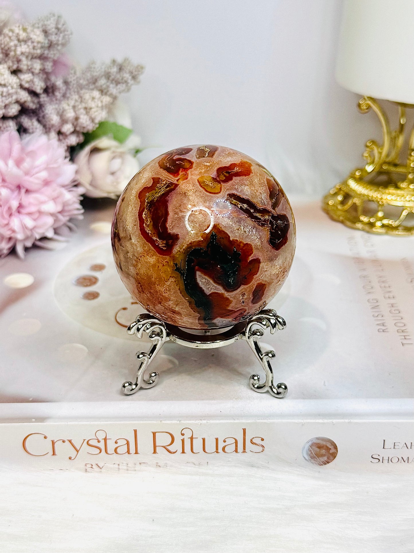 Druzy Red Moss Agate Sphere On Stand 271g