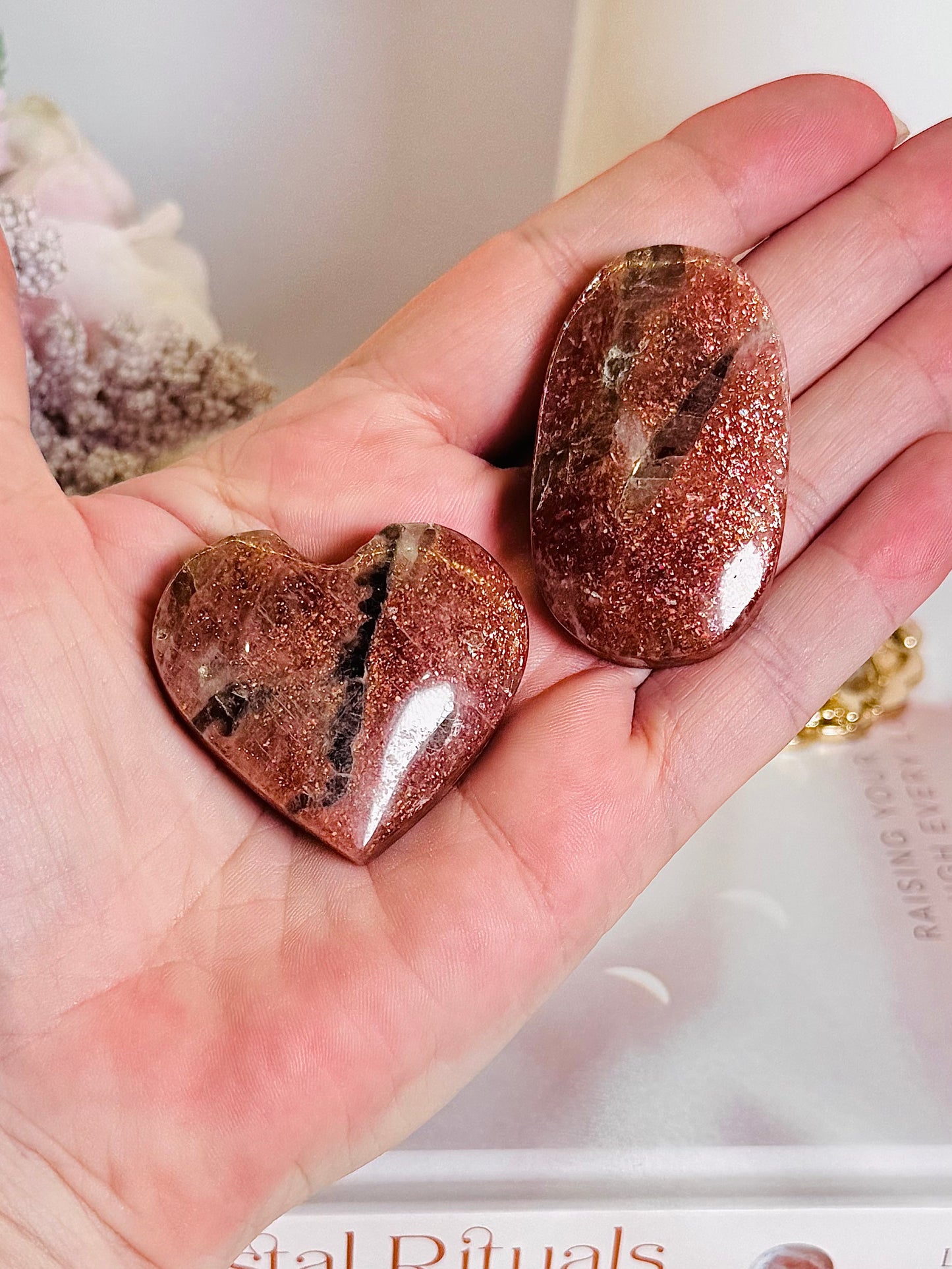 High Grade Sparkling Incredible Golden Sunstone Carved Heart & Palmstone Set