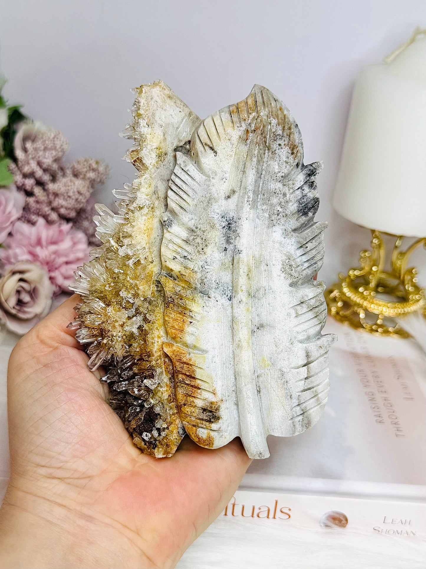 Large Druzy Quartz Carved Leaf on Stand 13cm 334g