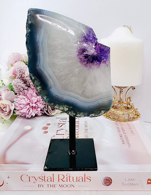 Large 977gram Amethyst Agate Polished Freeform On Stand From Uruguay