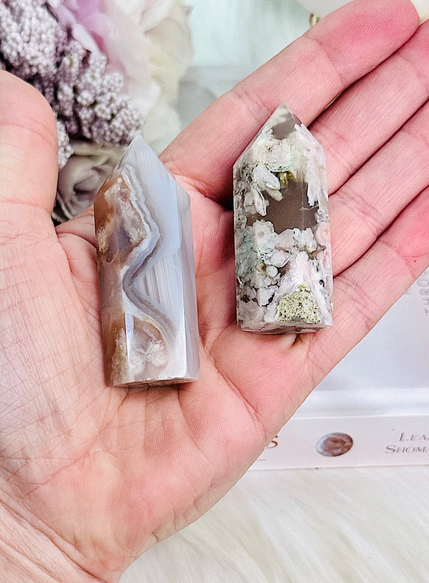 Pretty Set of 2 Flower Agate Towers