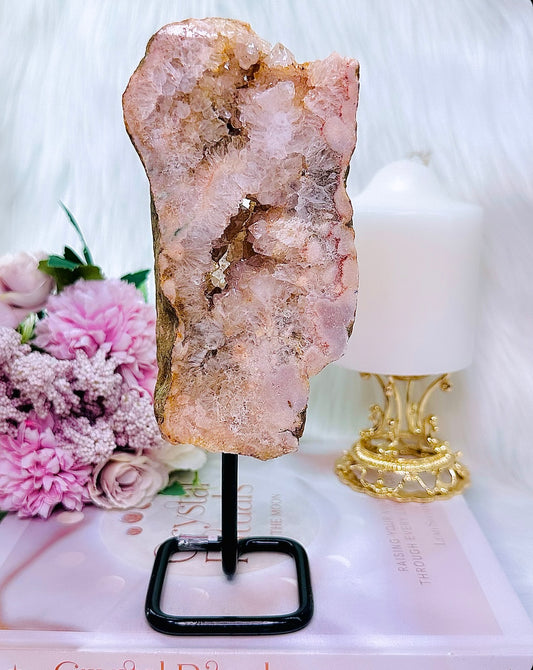 Classy & Fabulous Large Chunky 20cm 685gram Druzy Pink Amethyst Slab On Stand From Brazil with Stunning Crystallisation