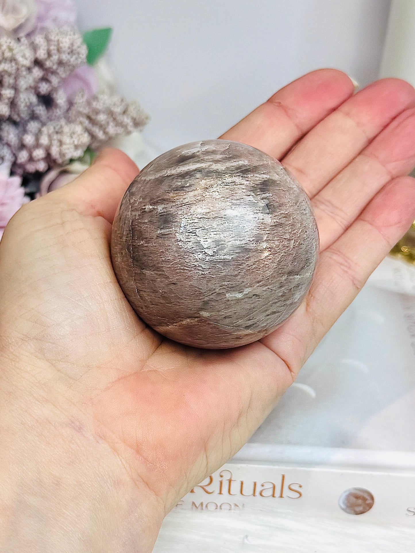 High Grade Moonstone X Sunstone Sphere On Stand 253g