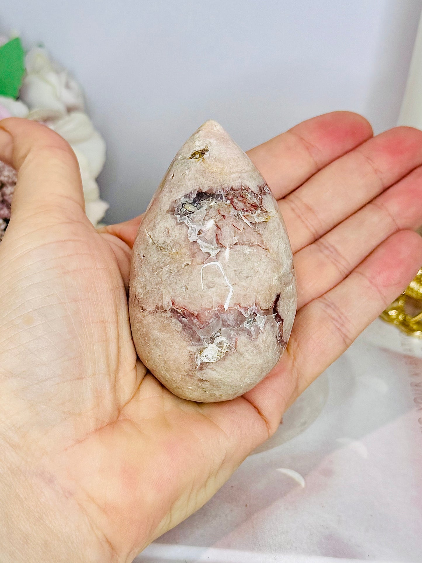 Druzy Flower Agate Carved Egg on Stand 8cm