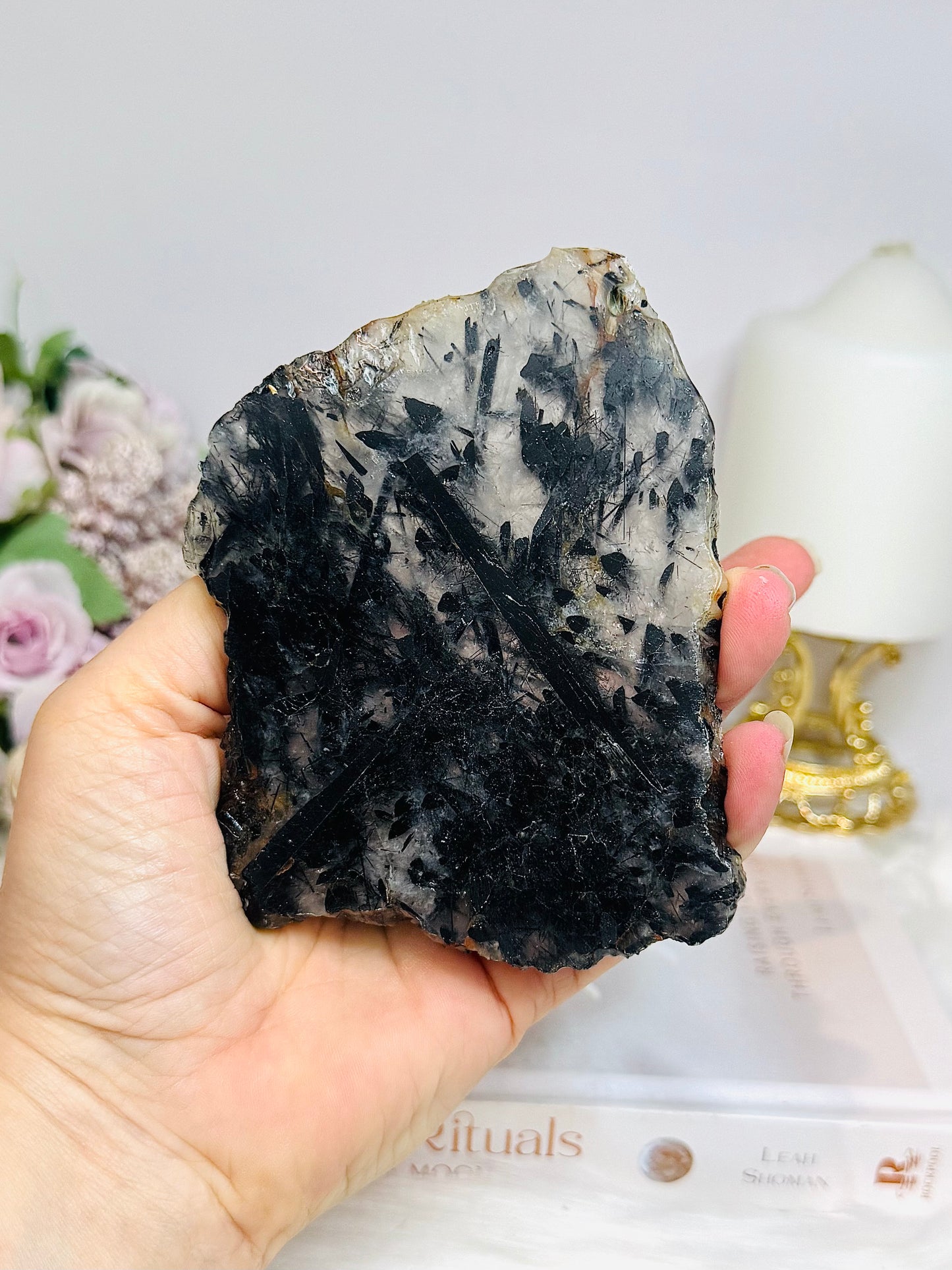 Black Tourmaline in Quartz Slab on Stand 11cm
