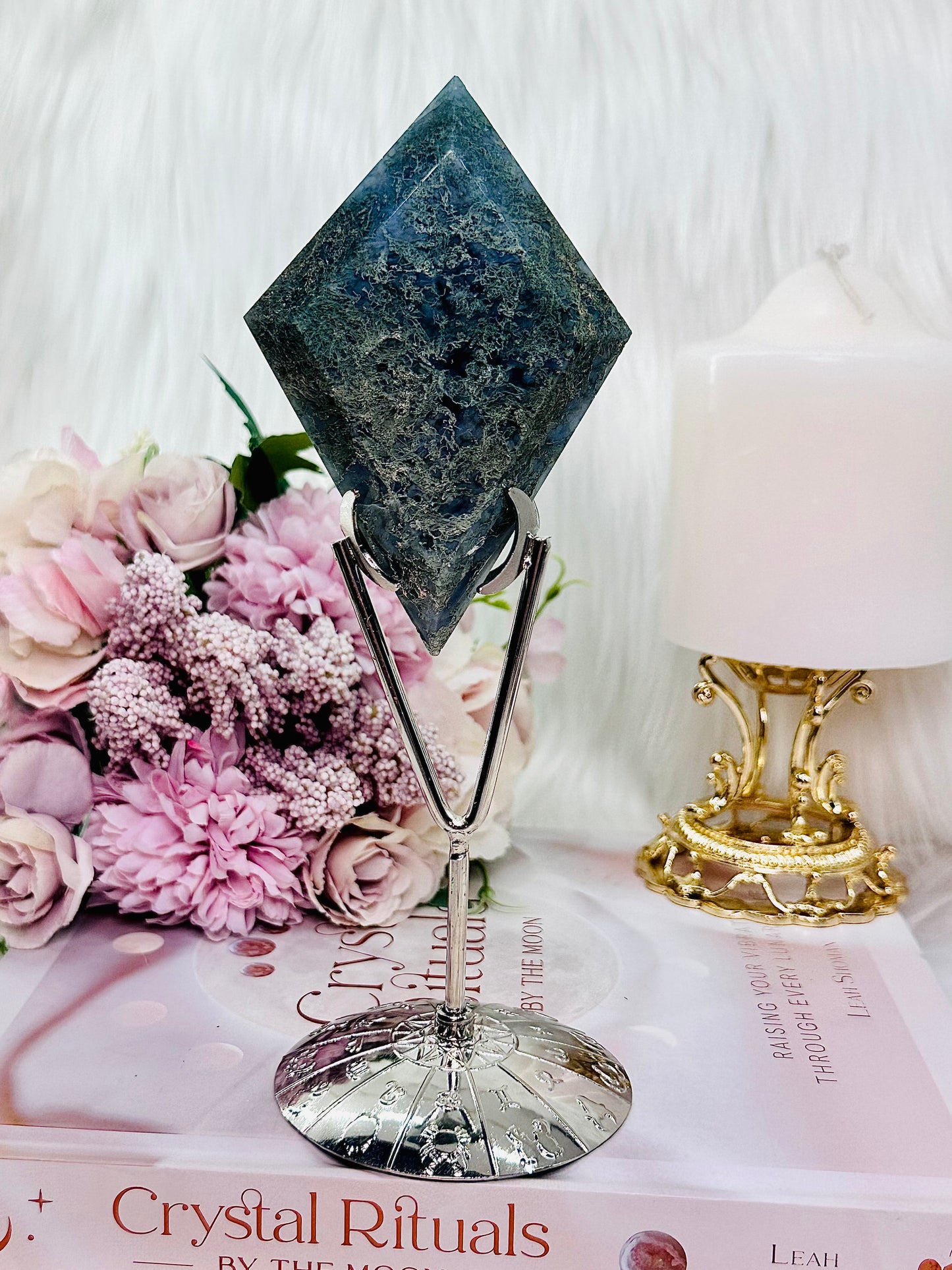 Peace & Tranquility ~ Gorgeous Tall 19cm Moss Agate Carved Diamond on Silver Stand