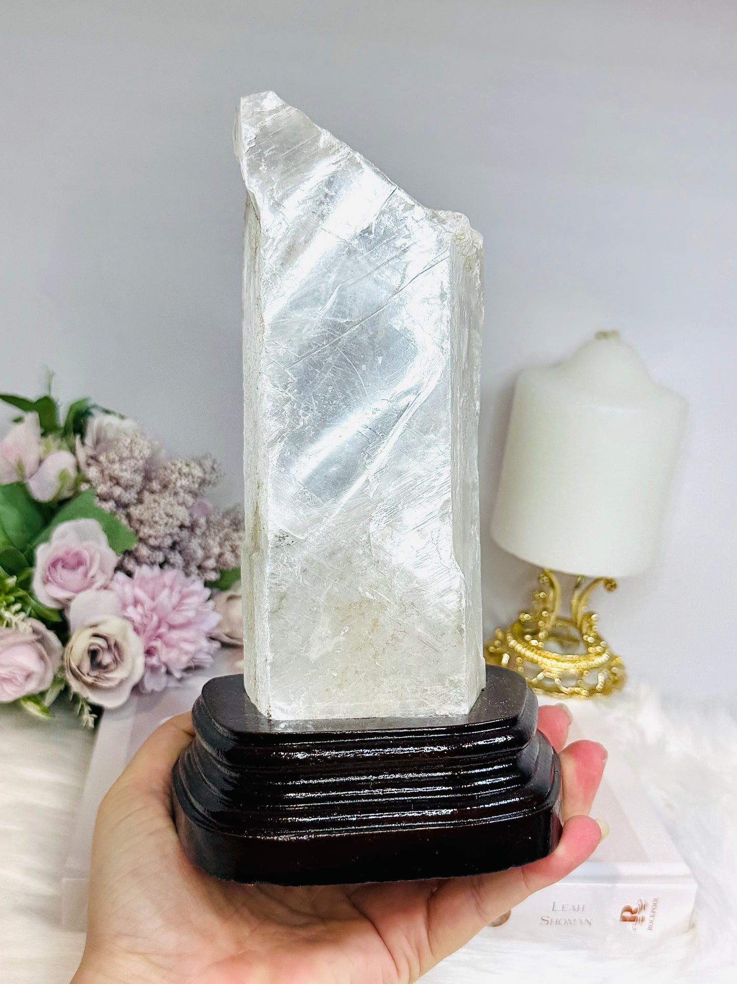 Large Natural Selenite On Timber Stand 21cm 1.1KG