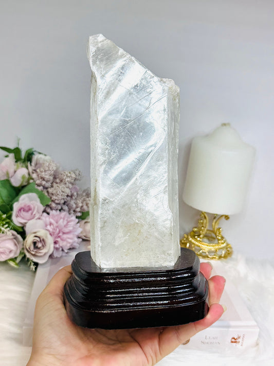 Large Natural Selenite On Timber Stand 21cm 1.1KG