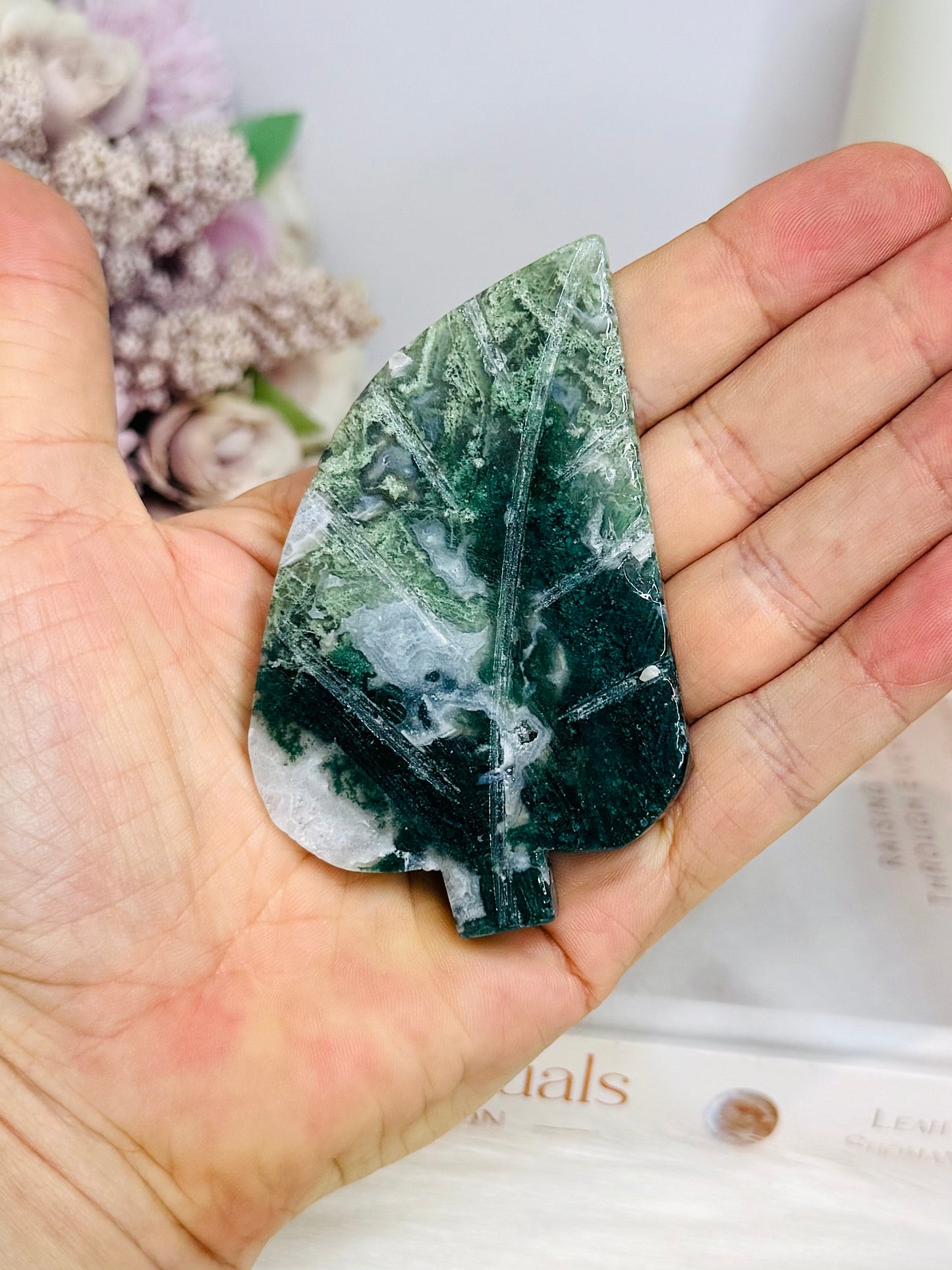 Moss Agate Carved Leaf 8.5cm