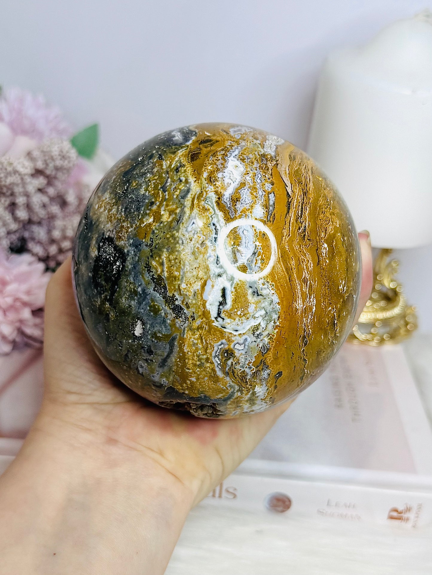 Large Ocean Jasper Orbicular Druzy Sphere On Stand 1.2KG