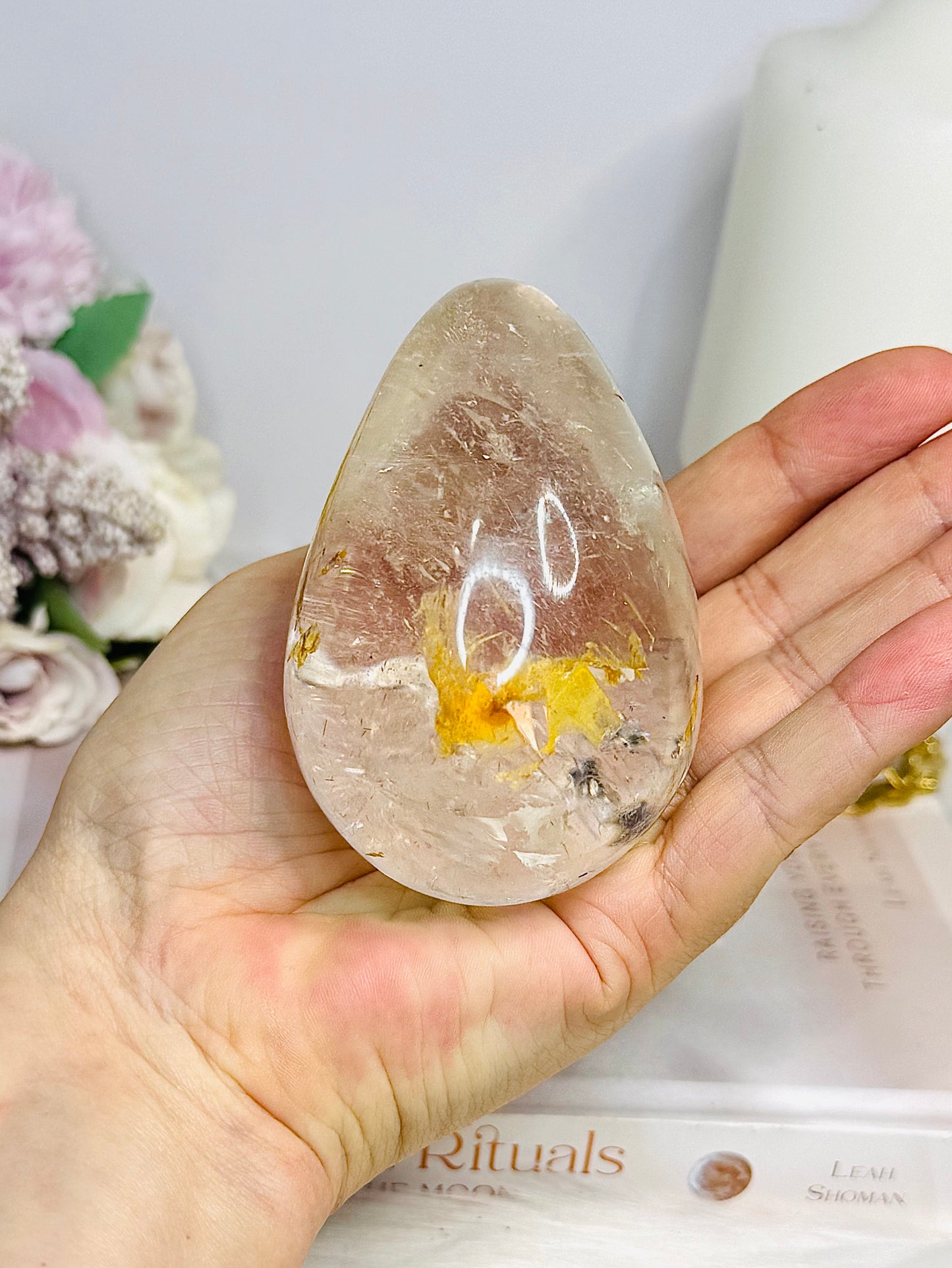 Large Clear Quartz With Golden Healer Inclusions Egg On Stand 7cm 318g