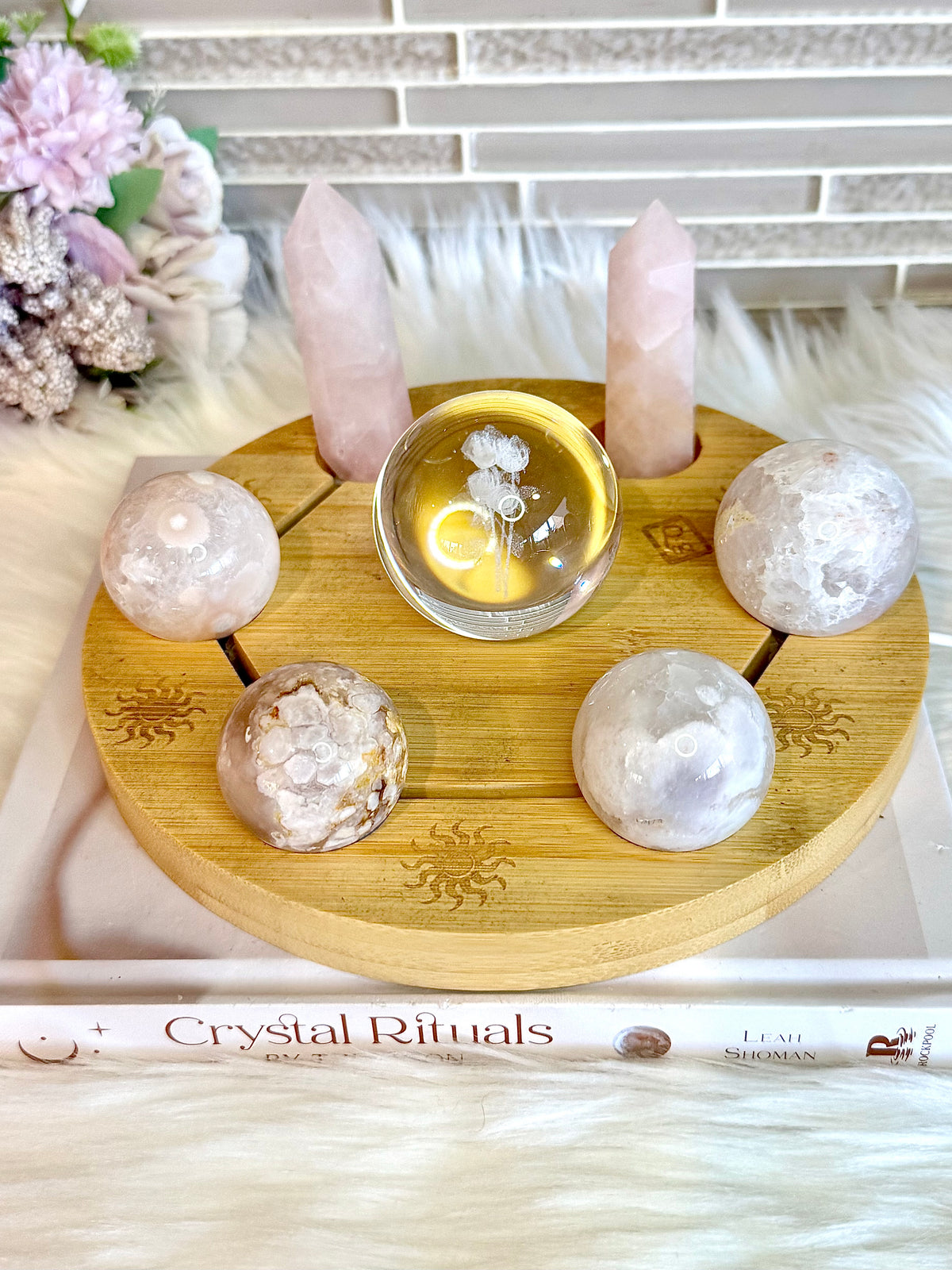 Feminine Energy ~ Large Light Stand 20cm with Glass Roses Sphere, 4 Pink Amethyst Spheres, 2 Rose Quartz Towers