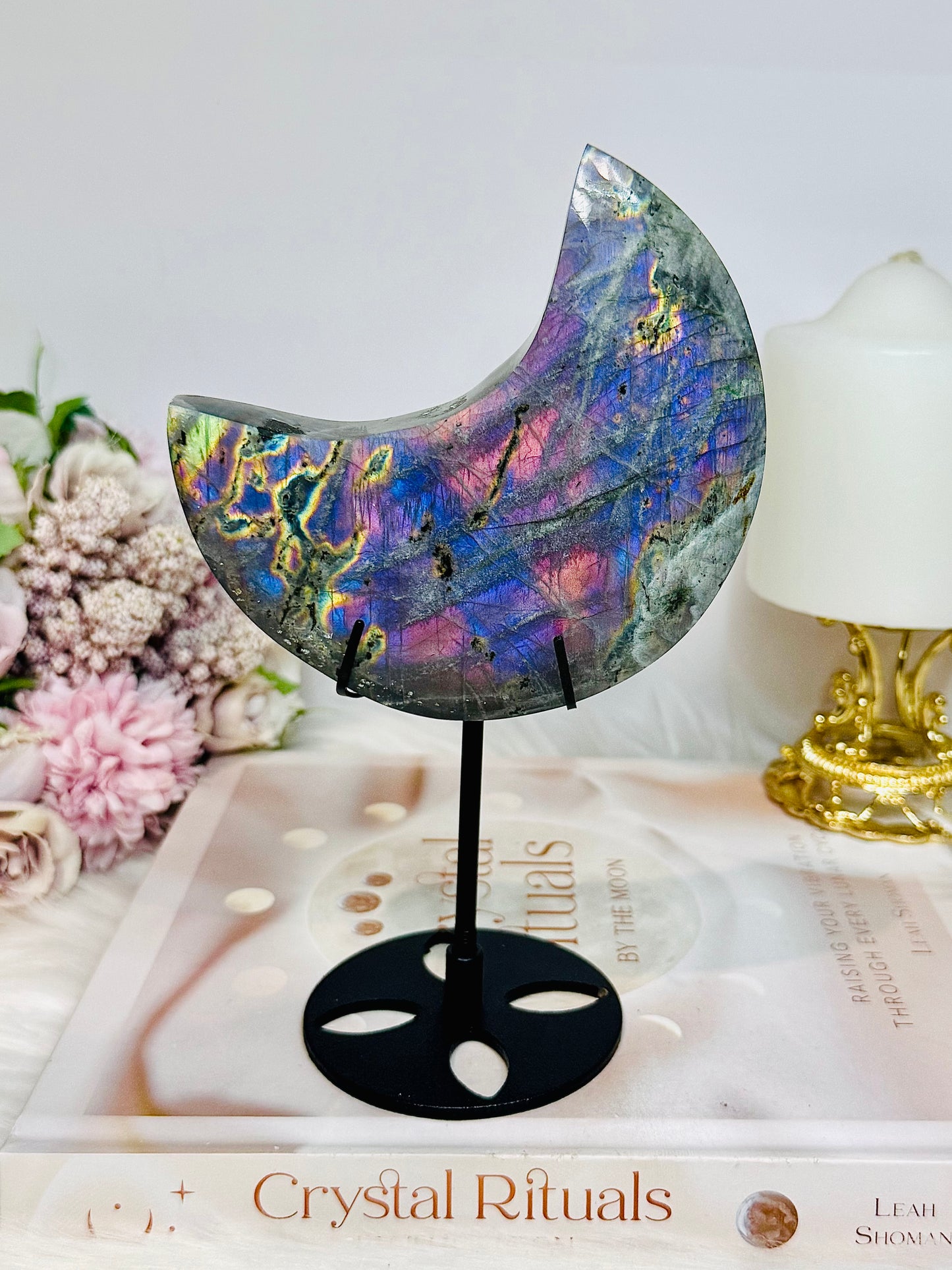High Grade Large Labradorite Carved Moon Full of Flash 18.5cm