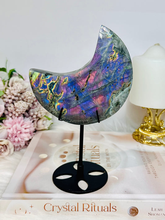 High Grade Large Labradorite Carved Moon Full of Flash 18.5cm