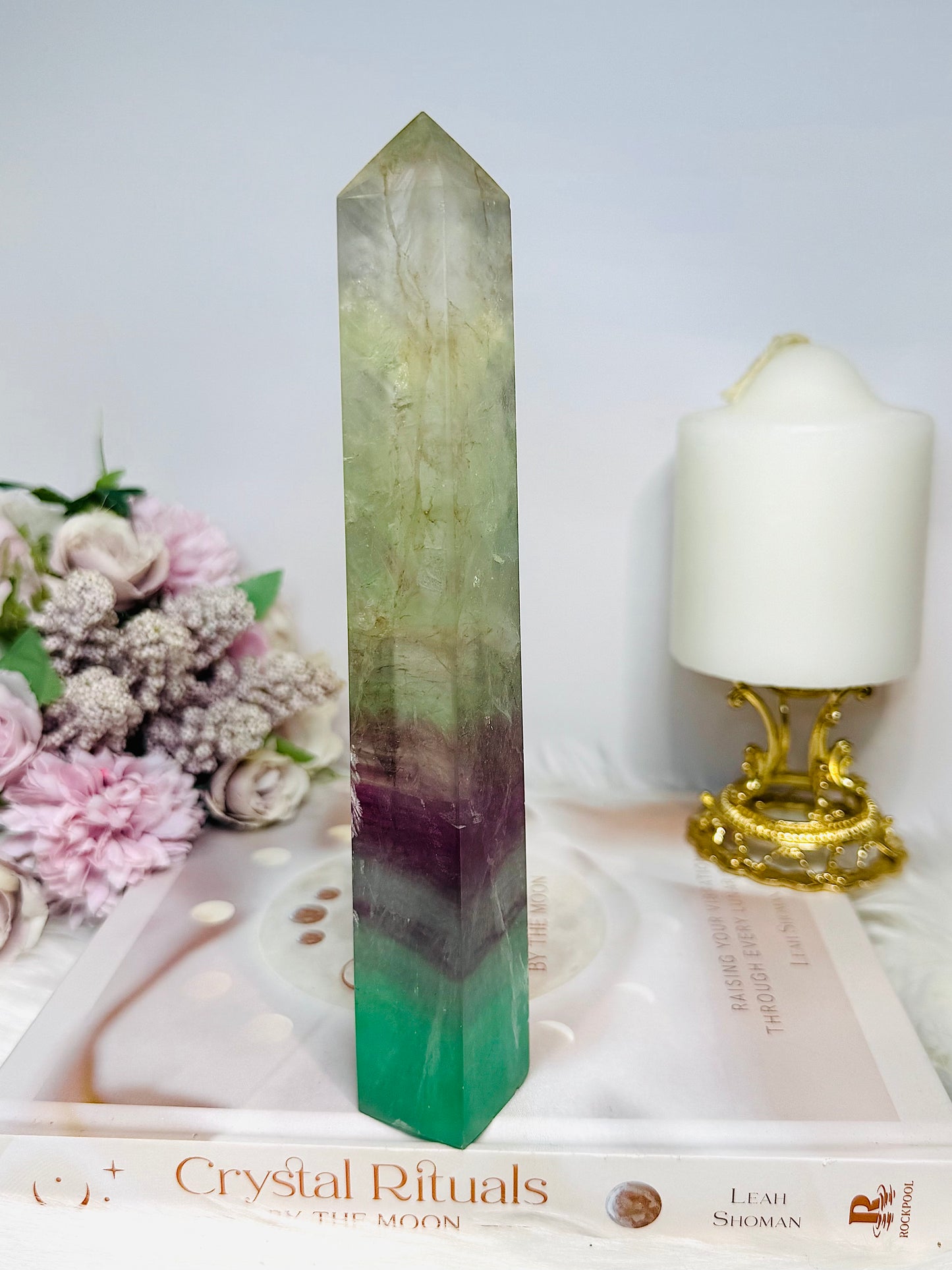 Tall Watermelon Fluorite Tower 21cm with Rainbows