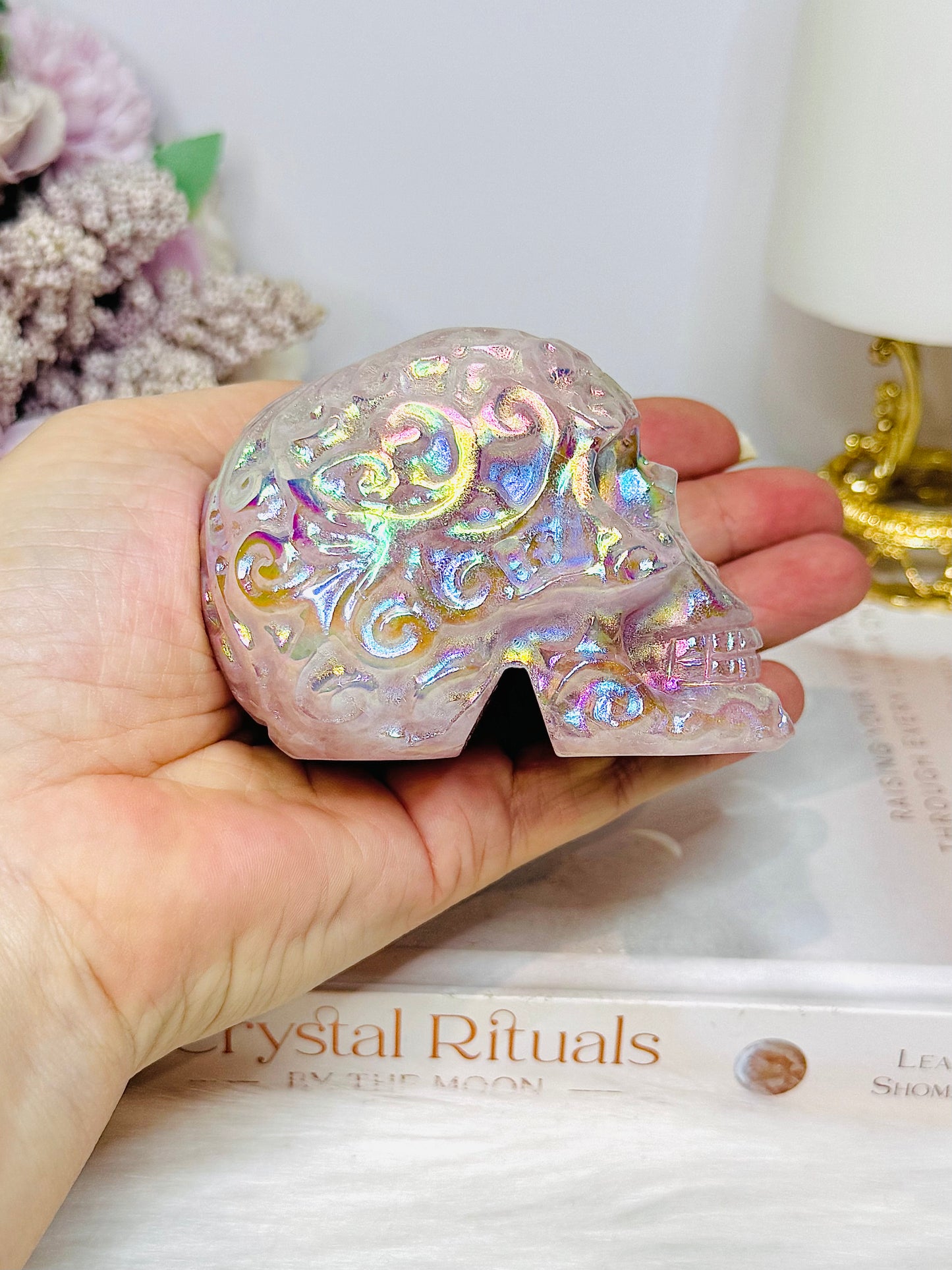 Angel Aura Rose Quartz Filigree Skull 8.5cm 349g