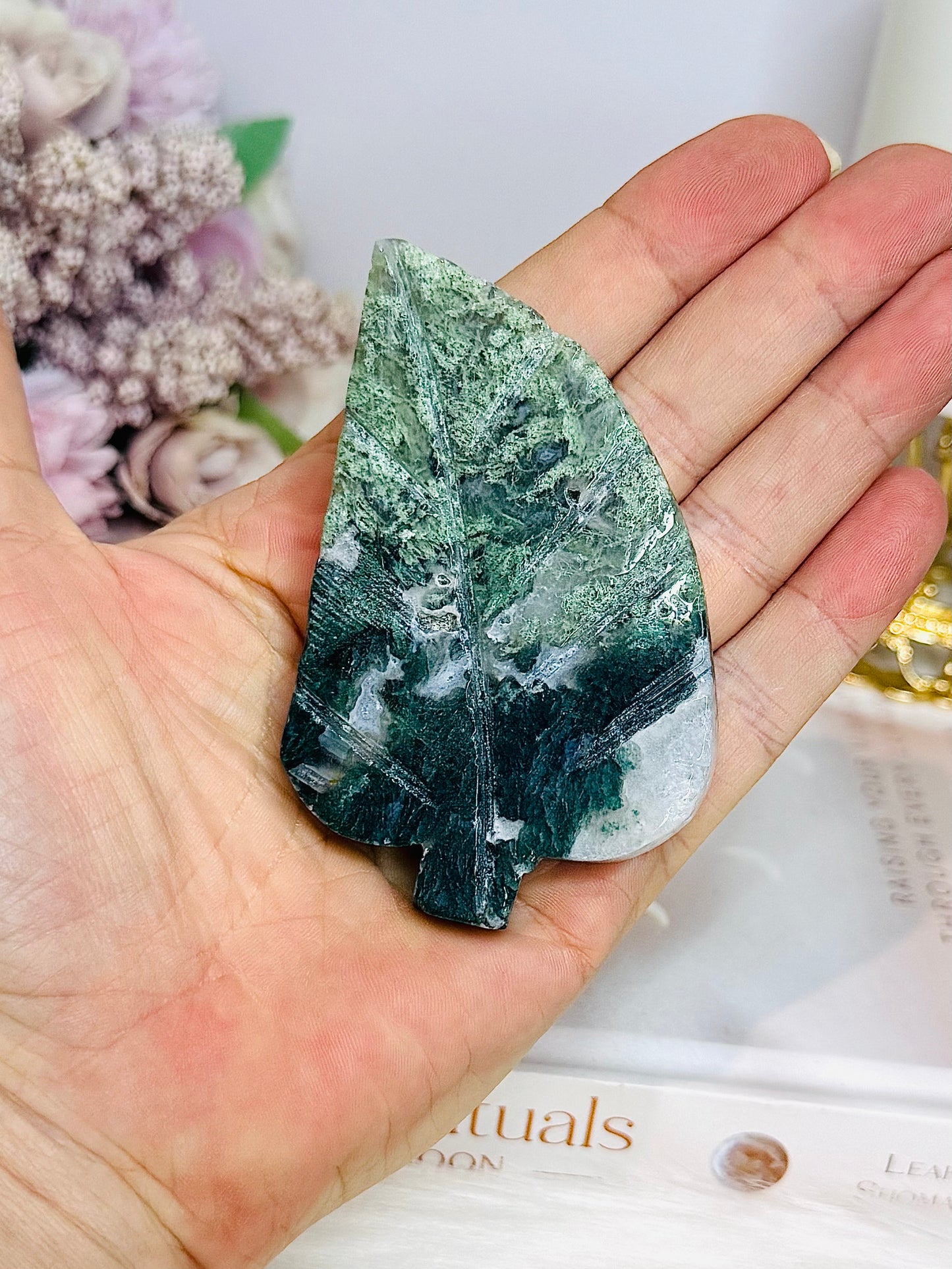 Moss Agate Carved Leaf 8.5cm