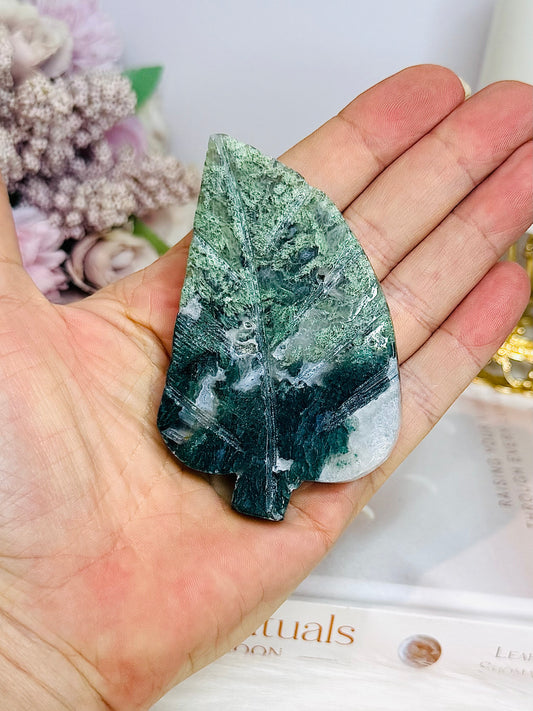 Moss Agate Carved Leaf 8.5cm