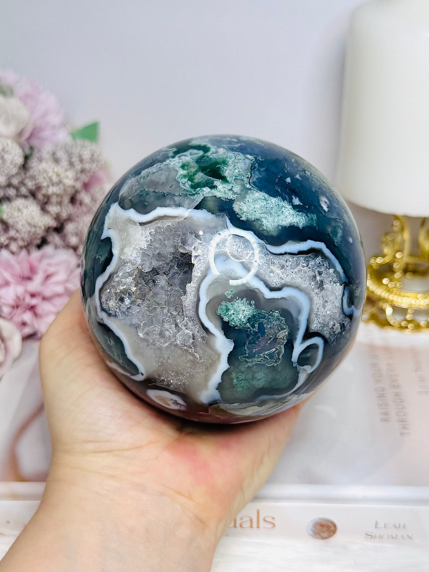 High Grade Druzy Moss Agate Sphere on Stand 1.09KG
