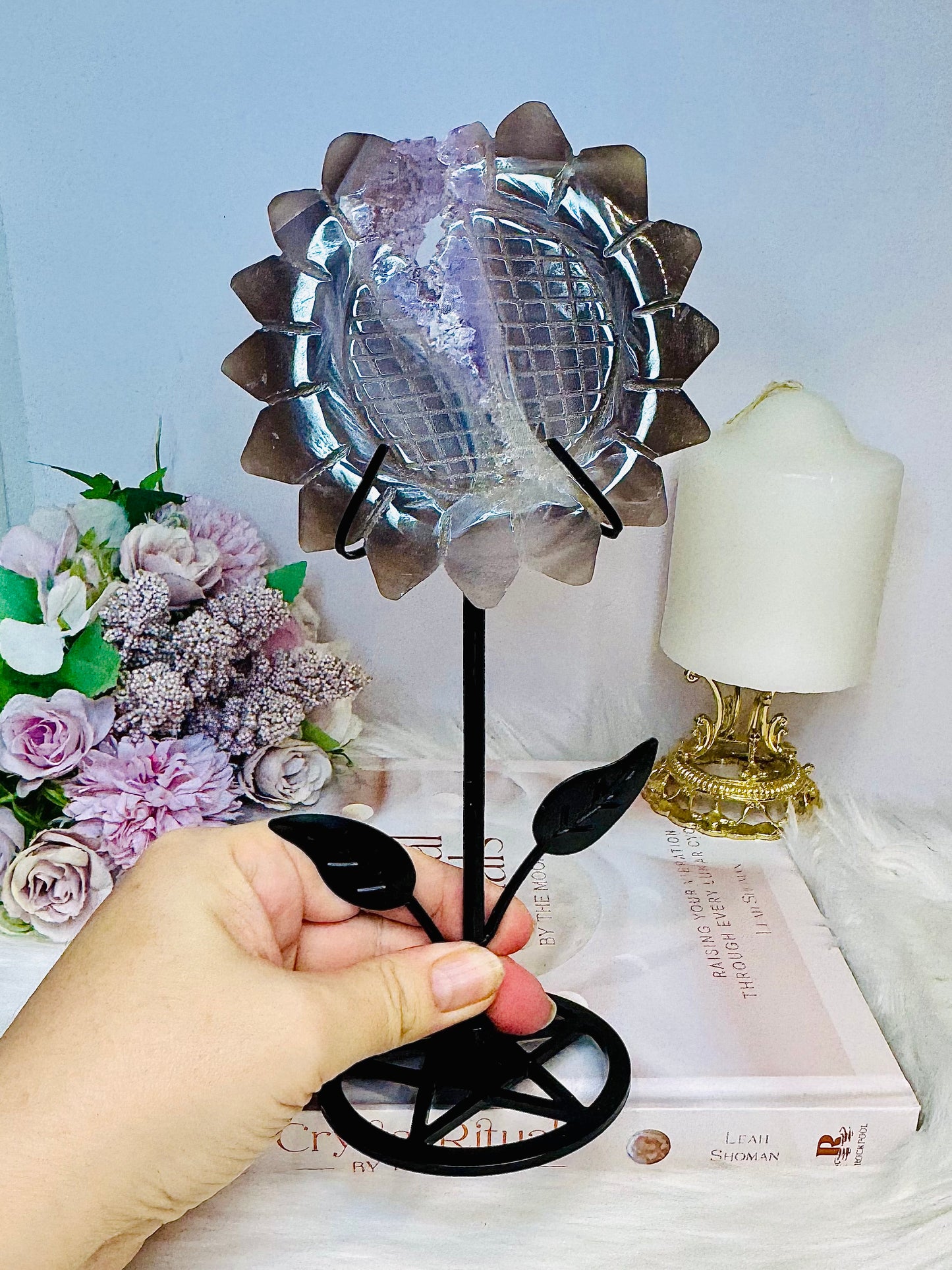 Large Druzy Amethyst X Agate Sun Flower Carving on Stand 23cm