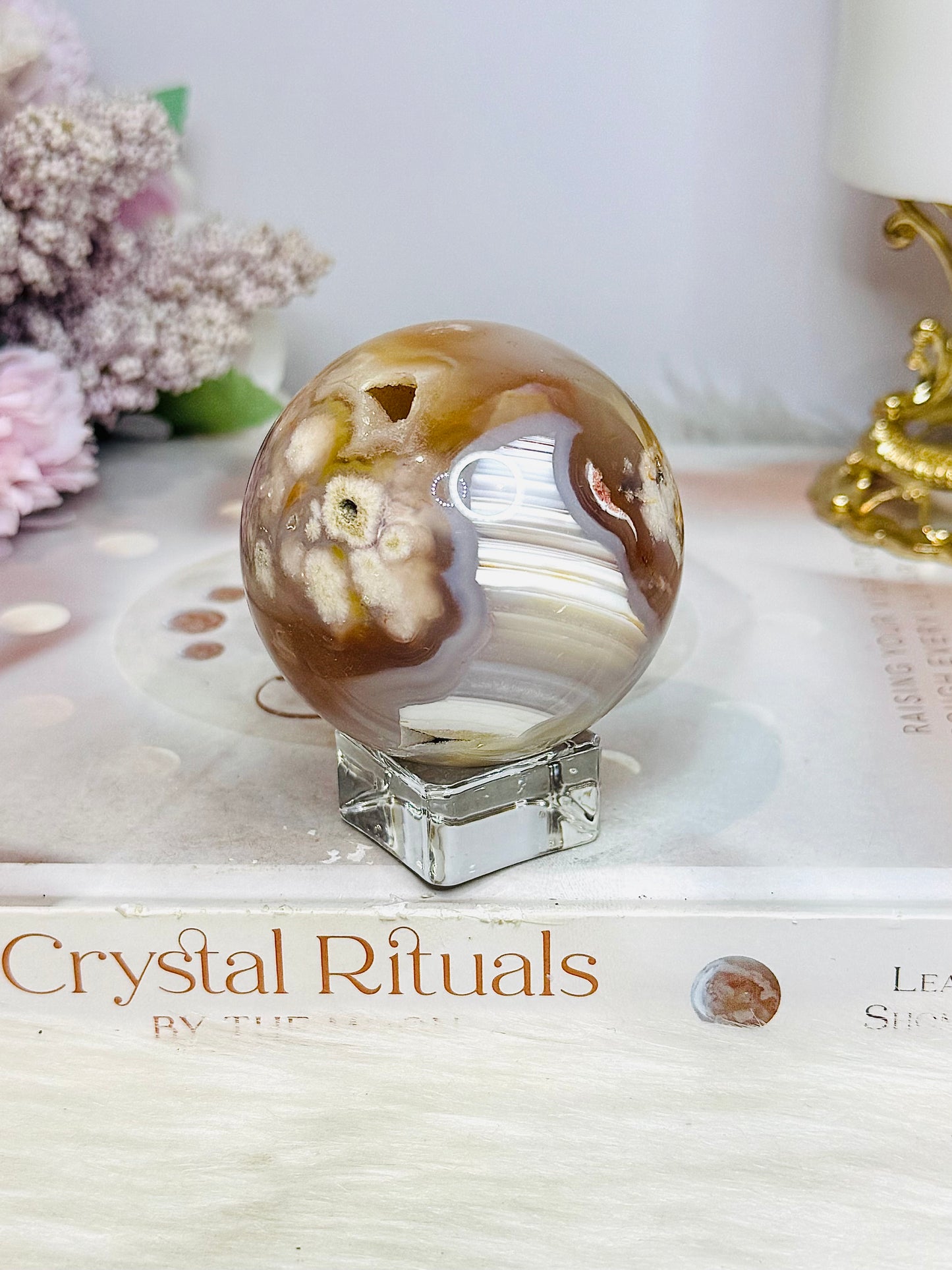 Flower Agate Druzy Sphere on Stand 250g