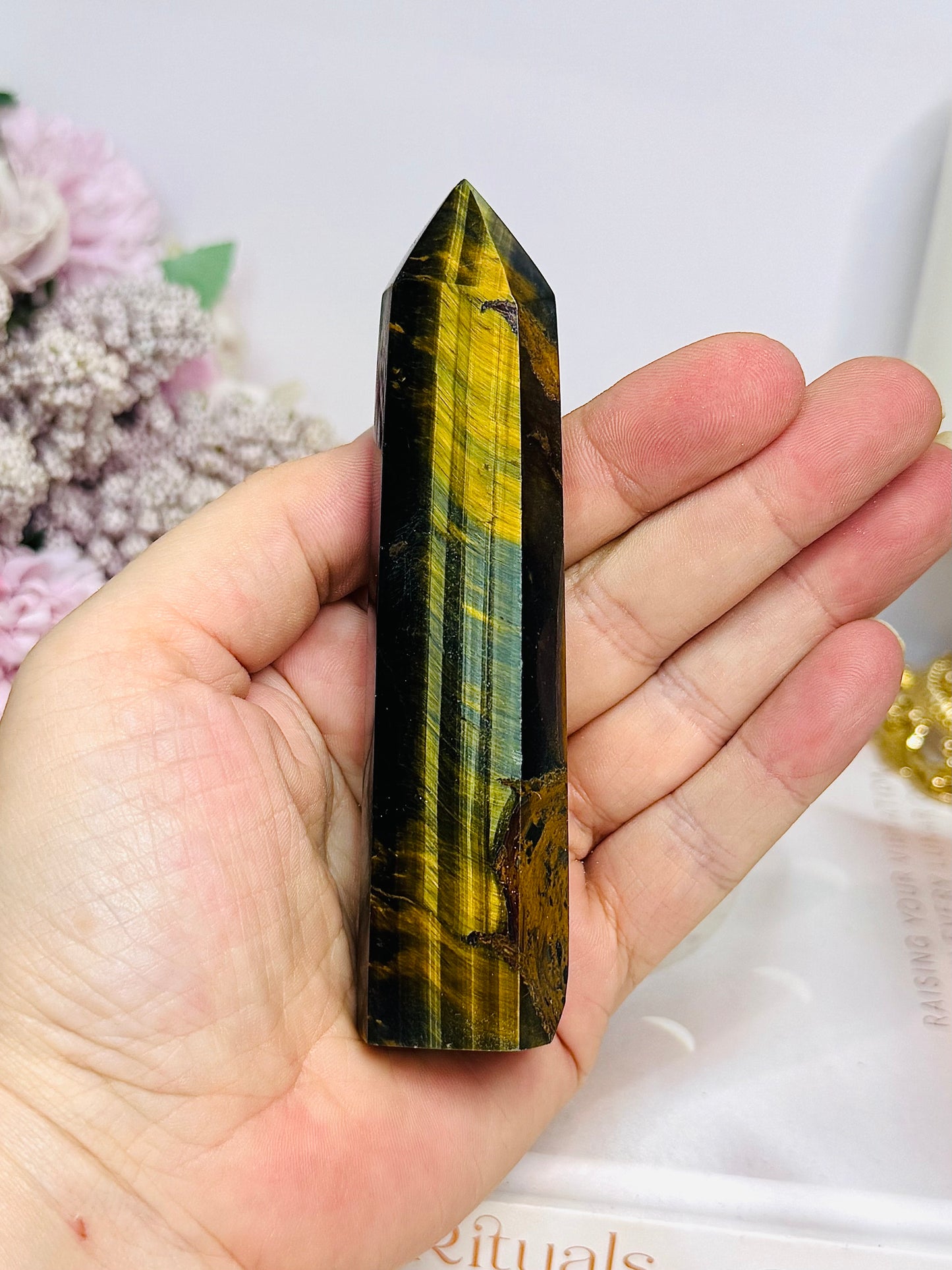 Tigers Eye Tower with Blue & Gold Flash 11cm