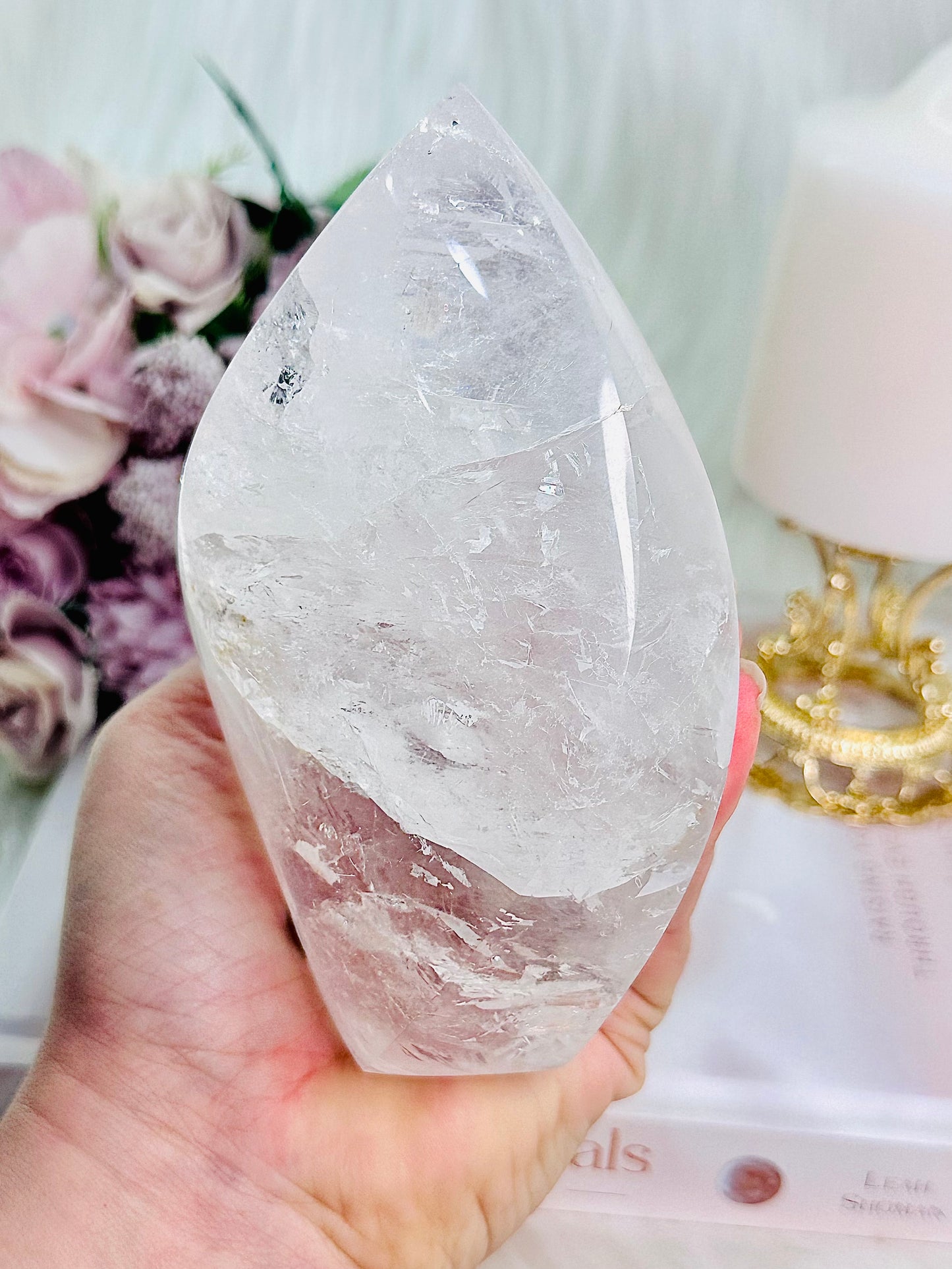 The Most Absolutely Stunning High Grade Large Clear Quartz Carved Flame | Freeform with Rainbows From Brazil 677grams