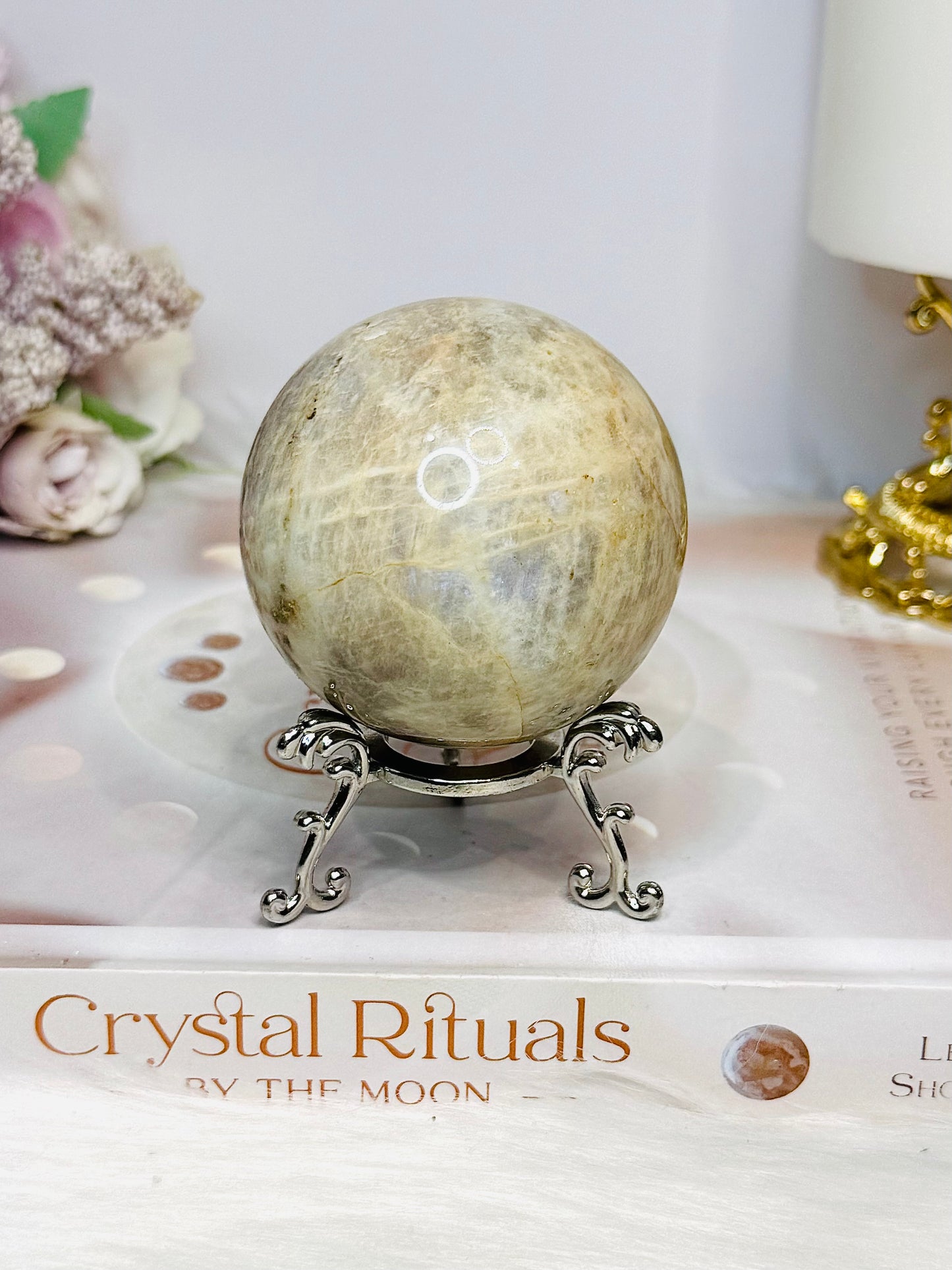 Moonstone Sphere with Blue Flash On Stand 274g