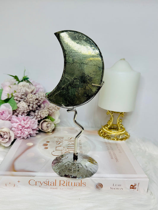 Large Pyrite Carved Moon on Stand 19cm