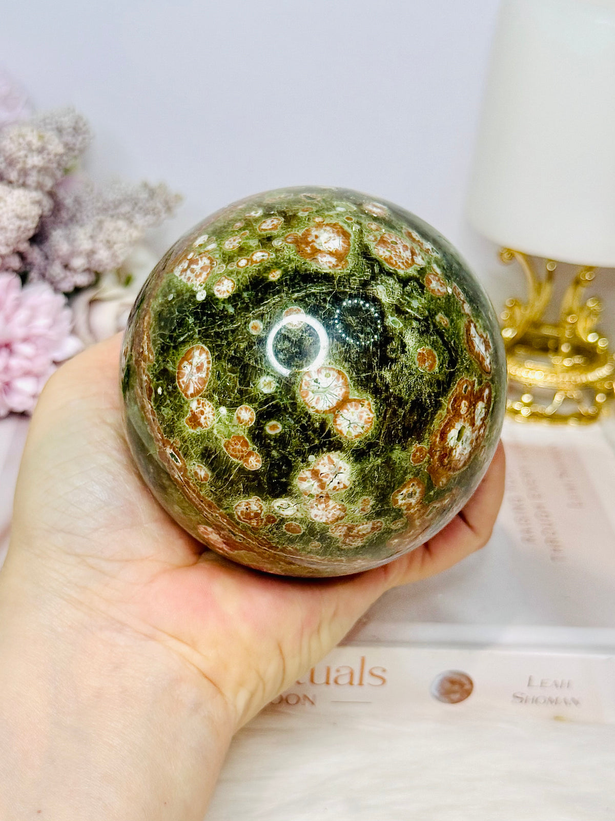 Large Green Cherry Jasper Sphere on Stand 825g
