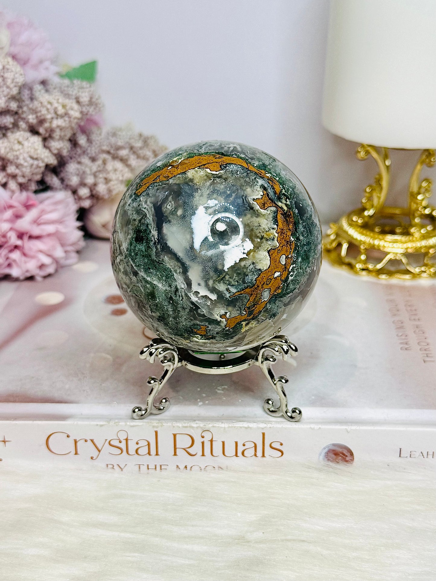 Moss Agate Druzy Sphere On Stand 373g