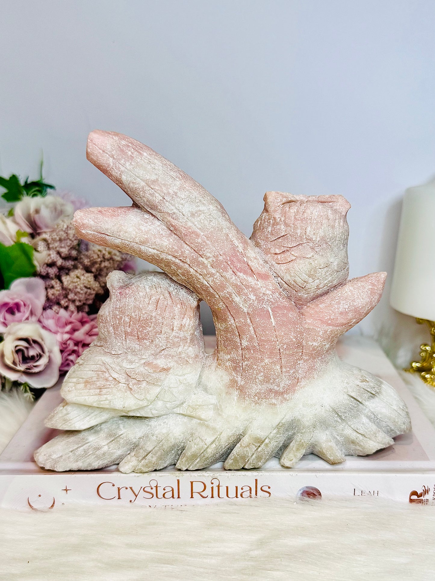 ✨ SALE ✨ Incredibly Carved Huge Pink Opal Owls 17.5cm 1.36KG