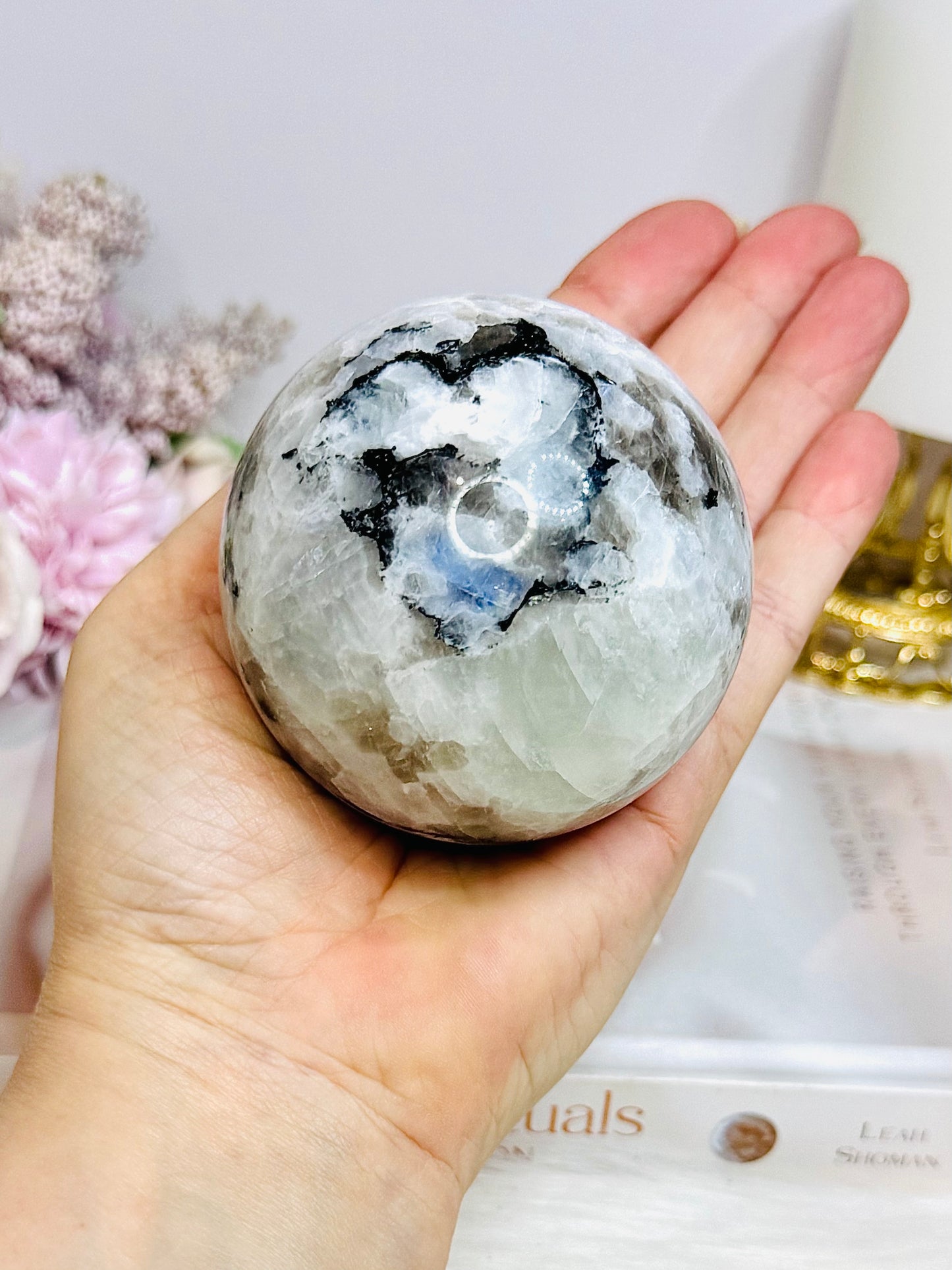 Large Rainbow Moonstone Sphere with Blue Flash 464g