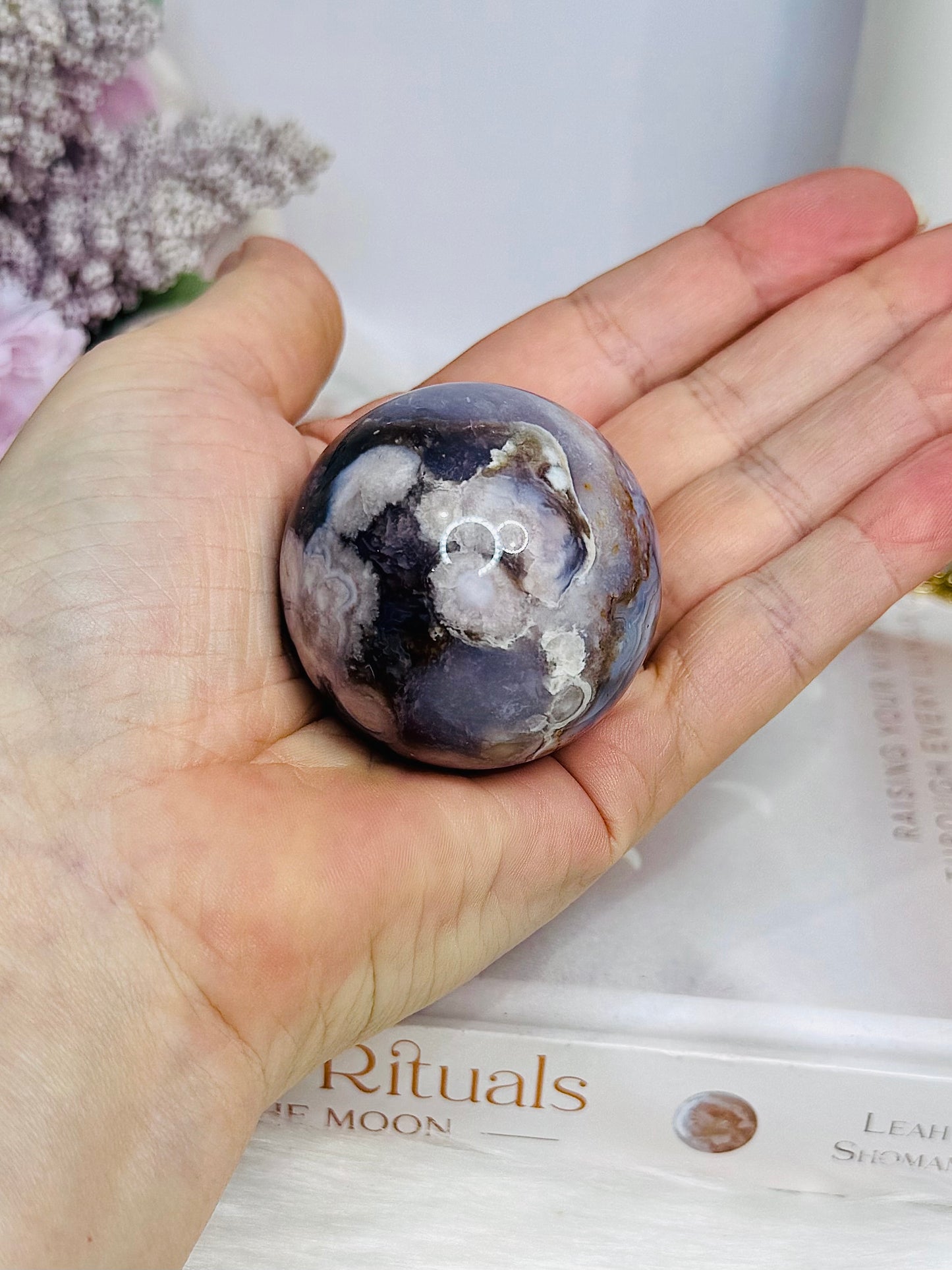High Grade Blue Flower Agate Sphere on Stand 120g