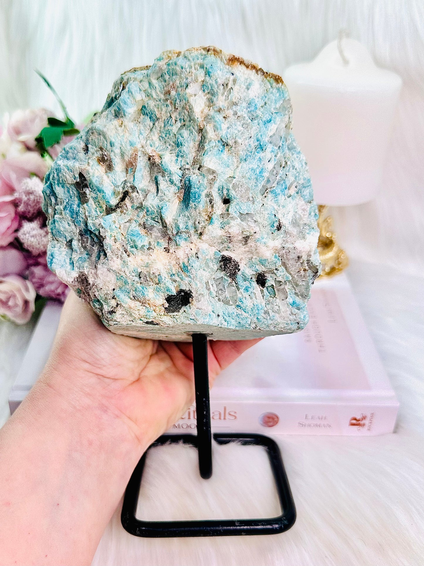 Huge Amazing Raw Rough Natural Amazonite With Smokey Quartz Inclusions 1.56KG 20cm On Stand From Brazil