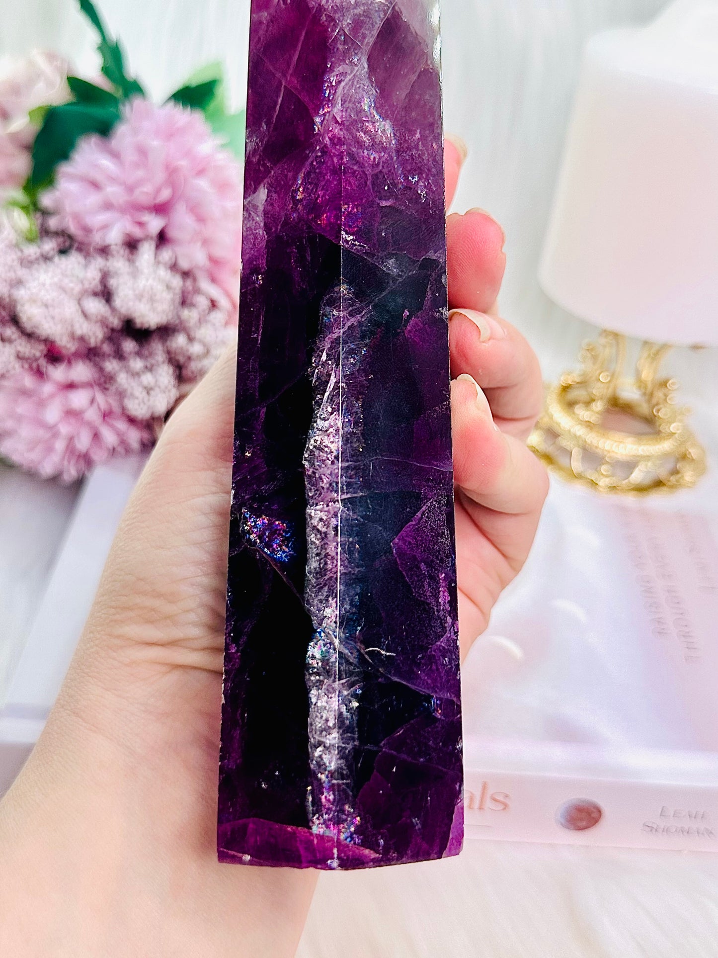 Fabulous Large 20cm Stunning Purple Fluorite Tower with Rainbows (the tower has a slight tilt)