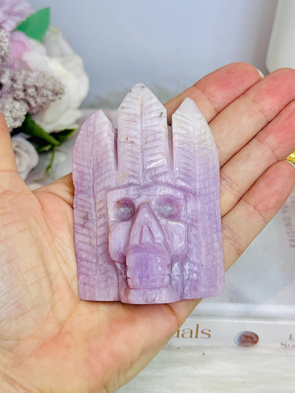 High Grade Kunzite Carved Indian Skull 9cm 200g