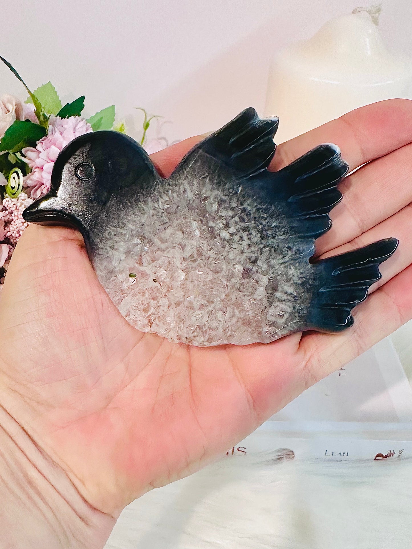 Gorgeous Druzy Agate Carved Bird On Black Stand