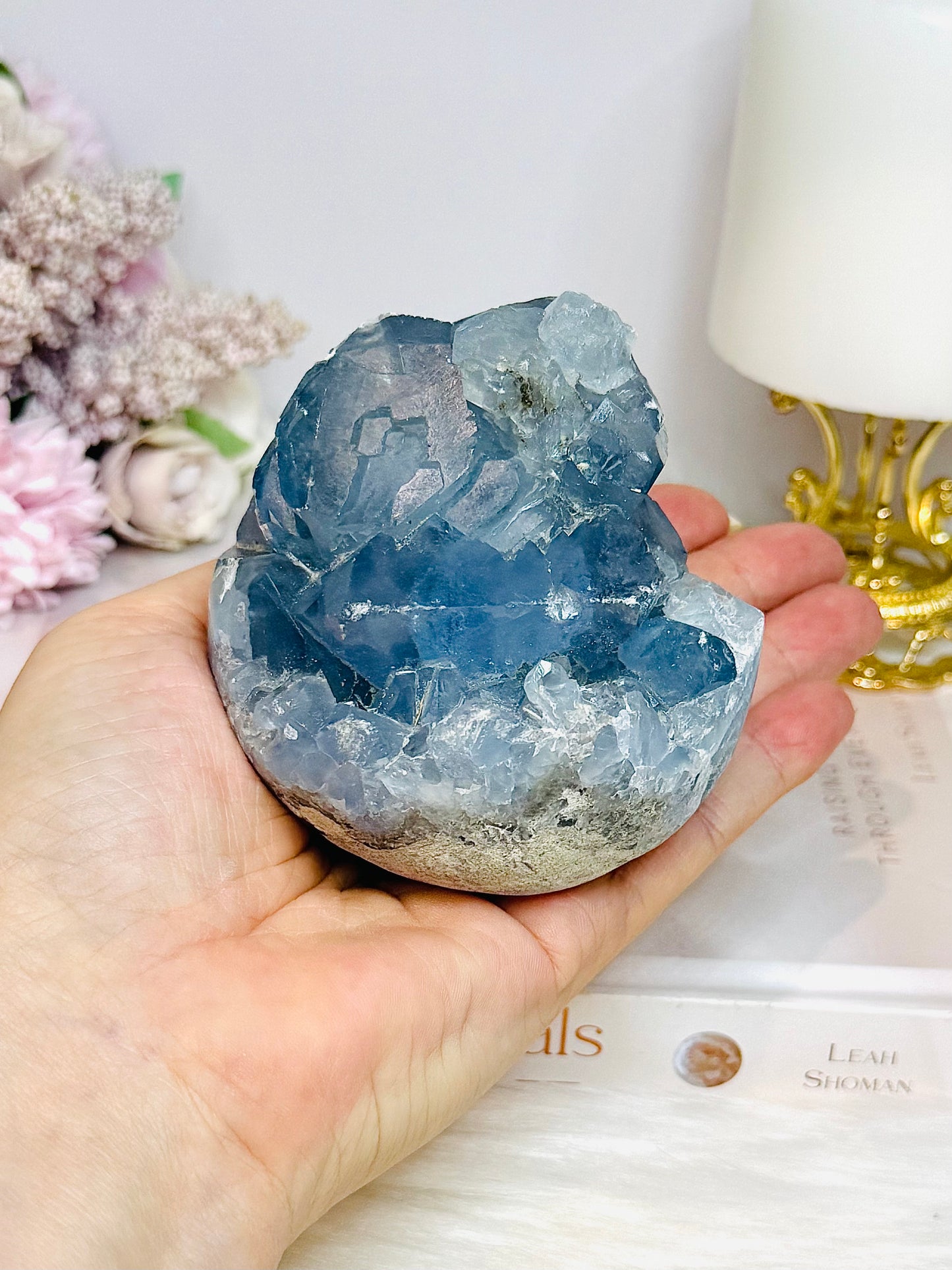 Large Blue Celestite Cluster on Stand 668g