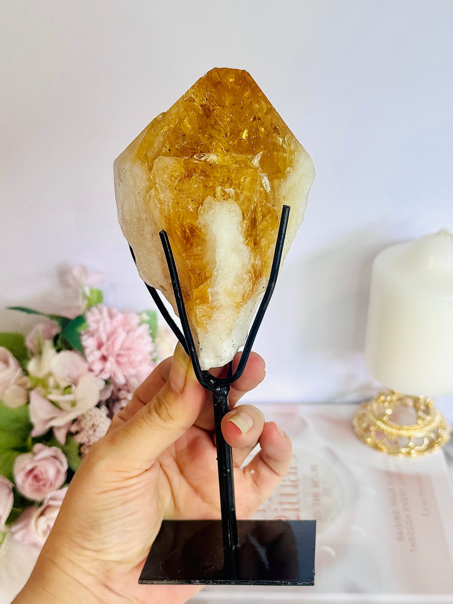 Incredible Large Citrine Freeform Full Of Rainbows On Custom Stand (Heat Treated)