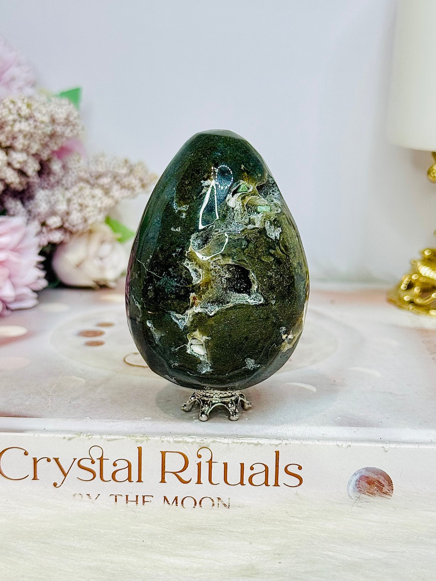 Moss Agate Druzy Egg On Stand 201g